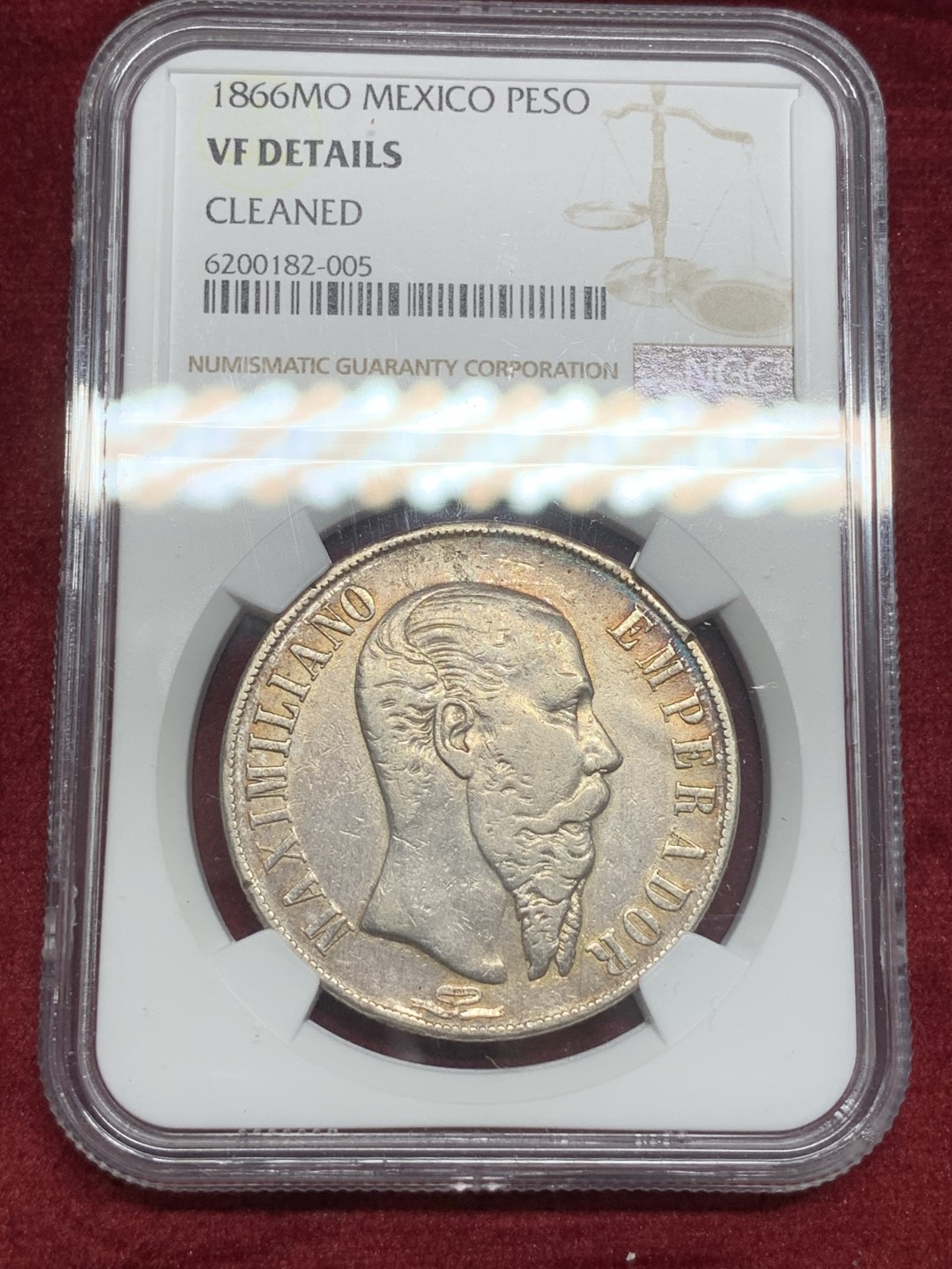 《竞宝斋》西.葡及其殖民地国家专场-第70场（全场不限金额包邮） NGC-VFD 墨西哥第二帝国 马西米连 1866年 1比索 悲壮皇帝 高价品种 总体挺不错 细节见图