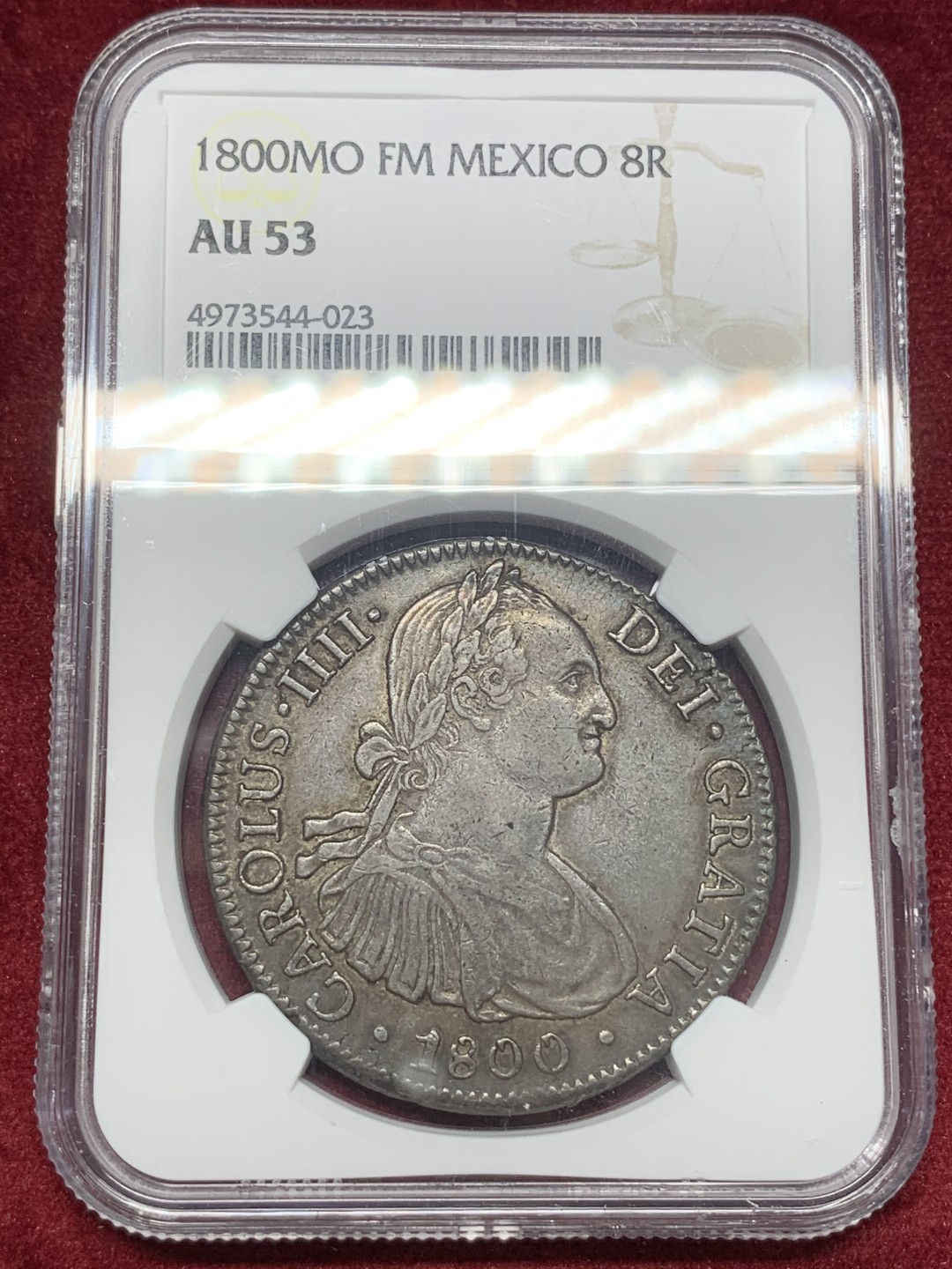 《竞宝斋》西.葡及其殖民地国家专场-第70场（全场不限金额包邮） NGC-AU53 炭黑哥 墨西哥 卡洛斯四世 1800年 双柱大银币 早期卡四 好味深打