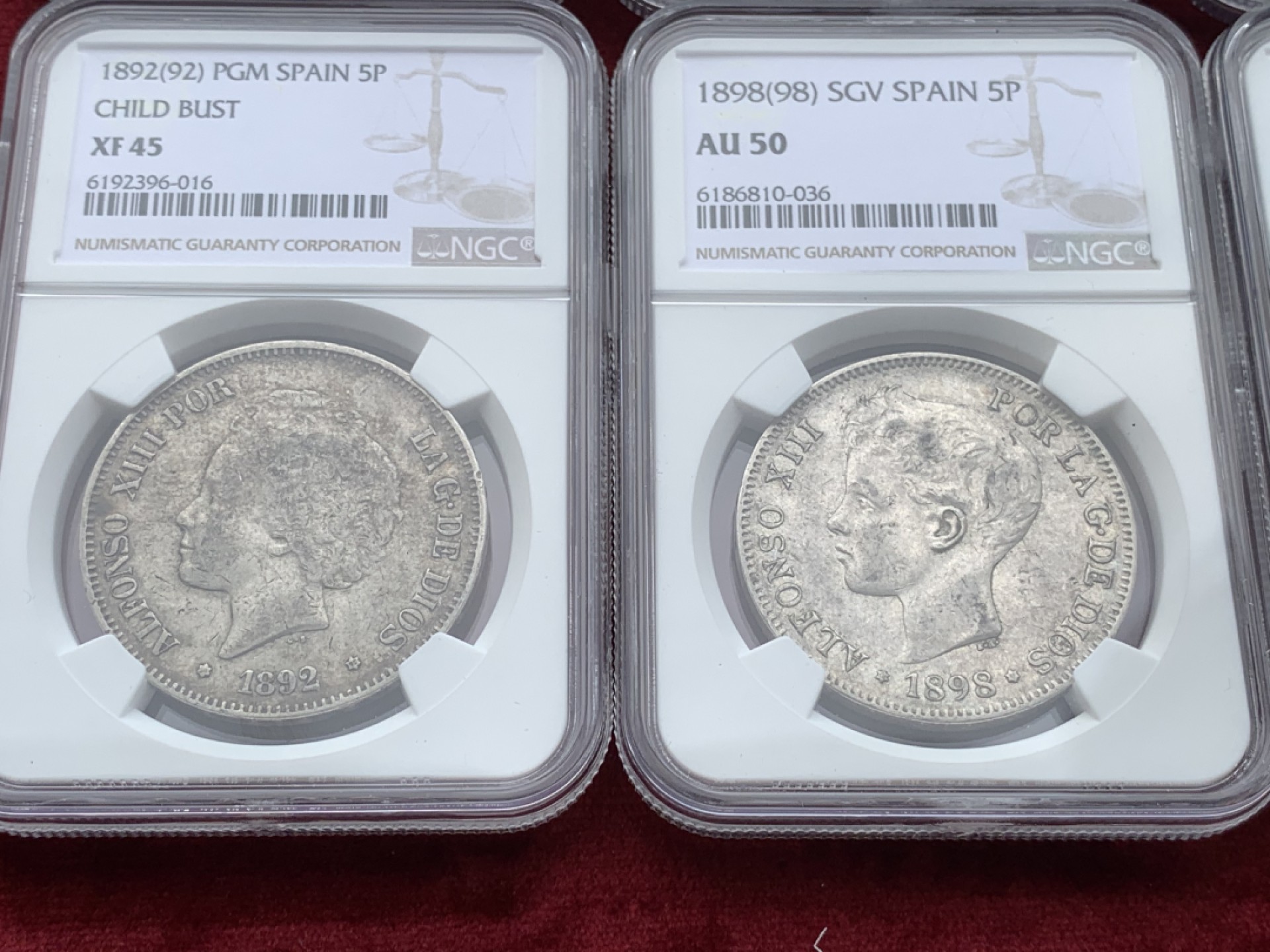 《竞宝斋》西.葡及其殖民地国家专场-第70场（全场不限金额包邮） NGC-XF45-AU50 原味彩包浆 西班牙5 比塞塔 8枚大全套一套 状态好 一次搞定全头像