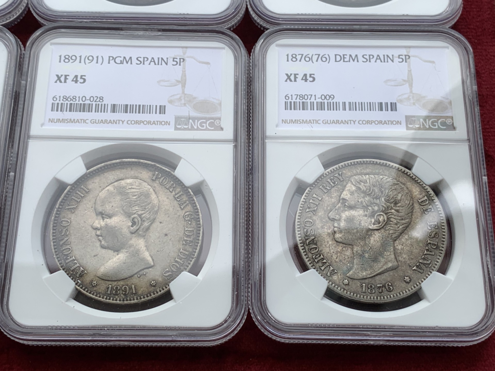 《竞宝斋》西.葡及其殖民地国家专场-第70场（全场不限金额包邮） NGC-XF45-AU50 原味彩包浆 西班牙5 比塞塔 8枚大全套一套 状态好 一次搞定全头像