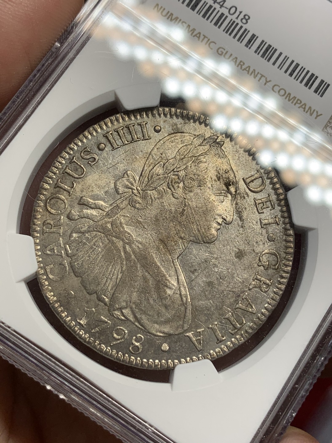 《竞宝斋》西.葡及其殖民地国家专场-第70场（全场不限金额包邮） NGC-AU58 墨西哥双柱 1798年 卡洛斯四世 8里亚尔 双柱银币  早期版原味深打