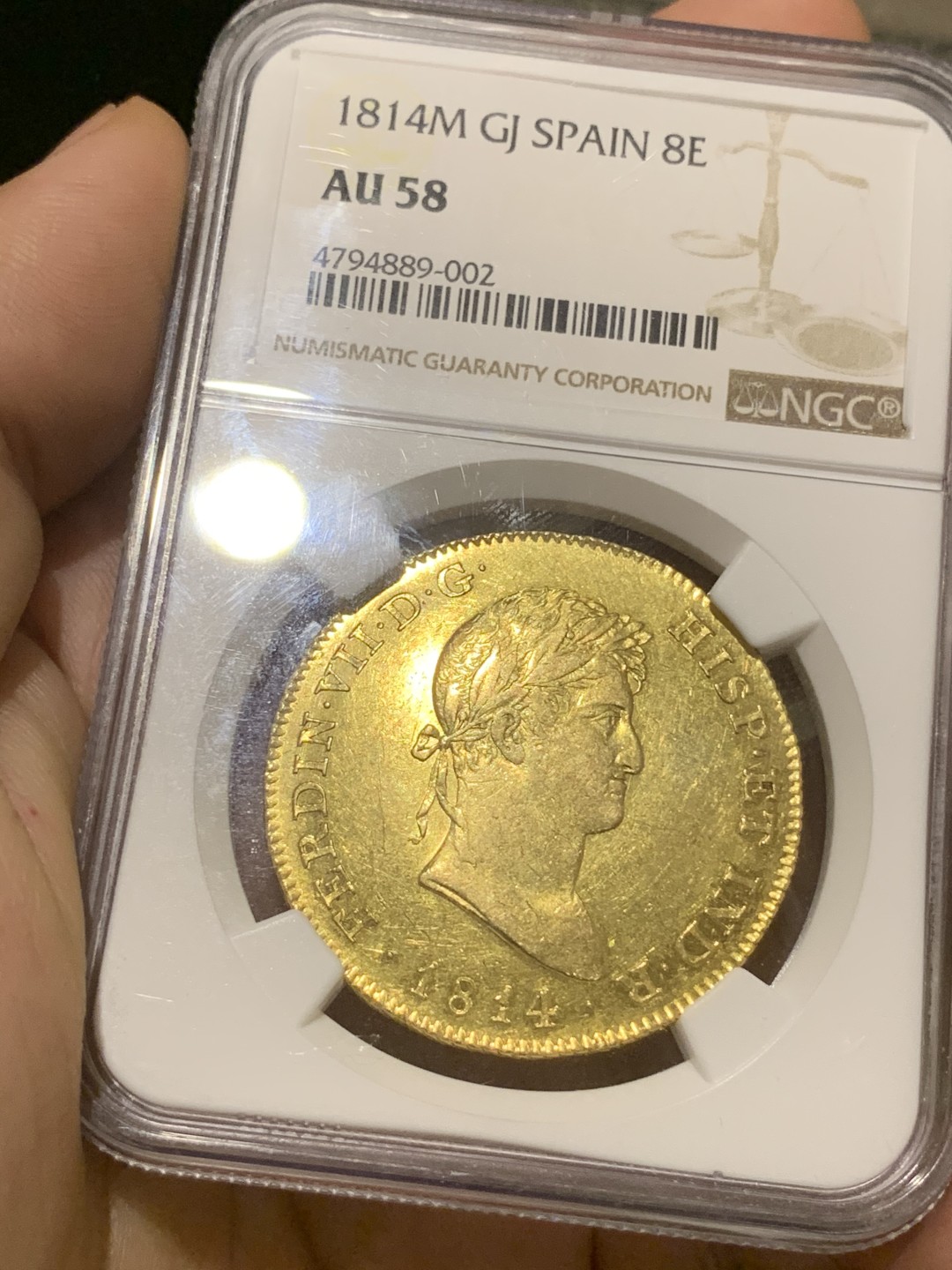 《竞宝斋》西.葡及其殖民地国家专场-第70场（全场不限金额包邮） NGC-AU58 西班牙本土 1814年 费迪南七世 8埃斯库多 大金币 马德里造币厂 罕见 ms状态 背面镜面 克劳斯目录XF40  5000刀 藏家必备