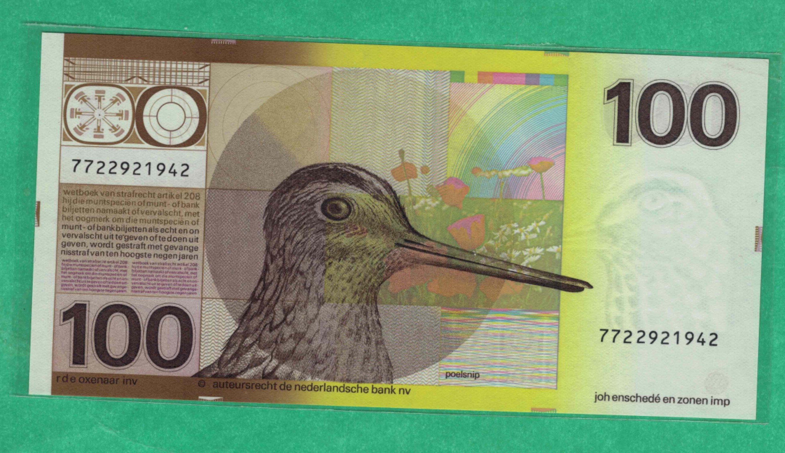 荷兰100盾纸币 1977年版 1981年 克劳斯目录P-97a 实物图 UNC