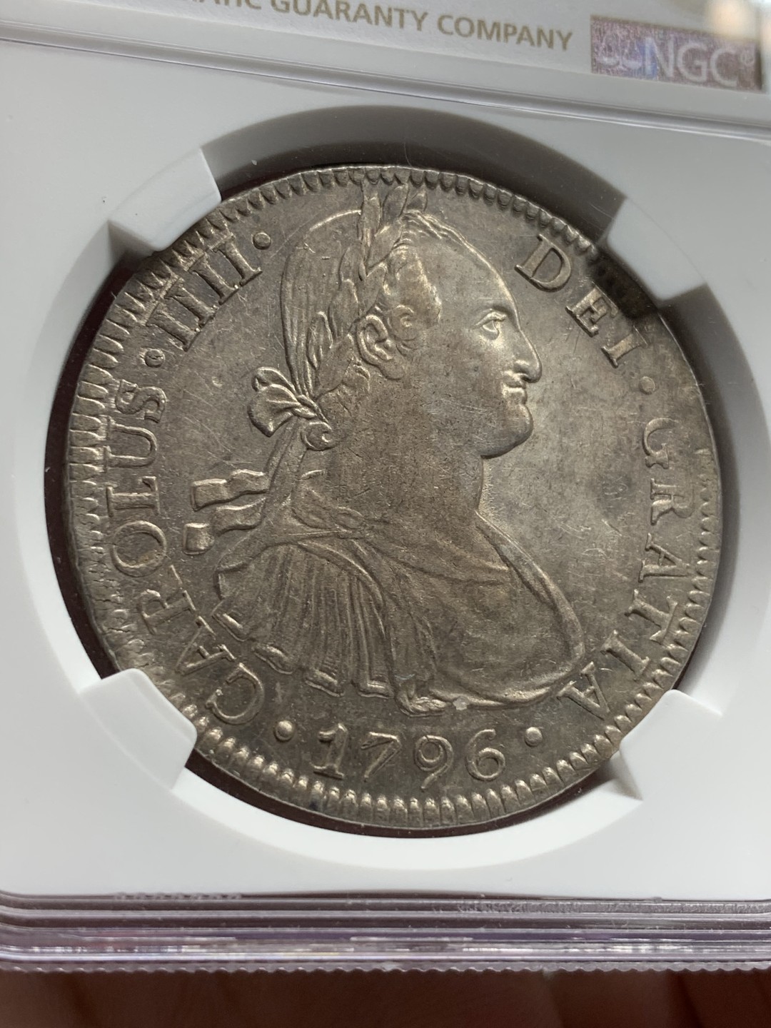 《竞宝斋》西.葡及其殖民地国家专场-第70场（全场不限金额包邮） NGC-AU58 墨西哥双柱 卡四 1796年  早期 8R双柱大银币 原味深打 底板好