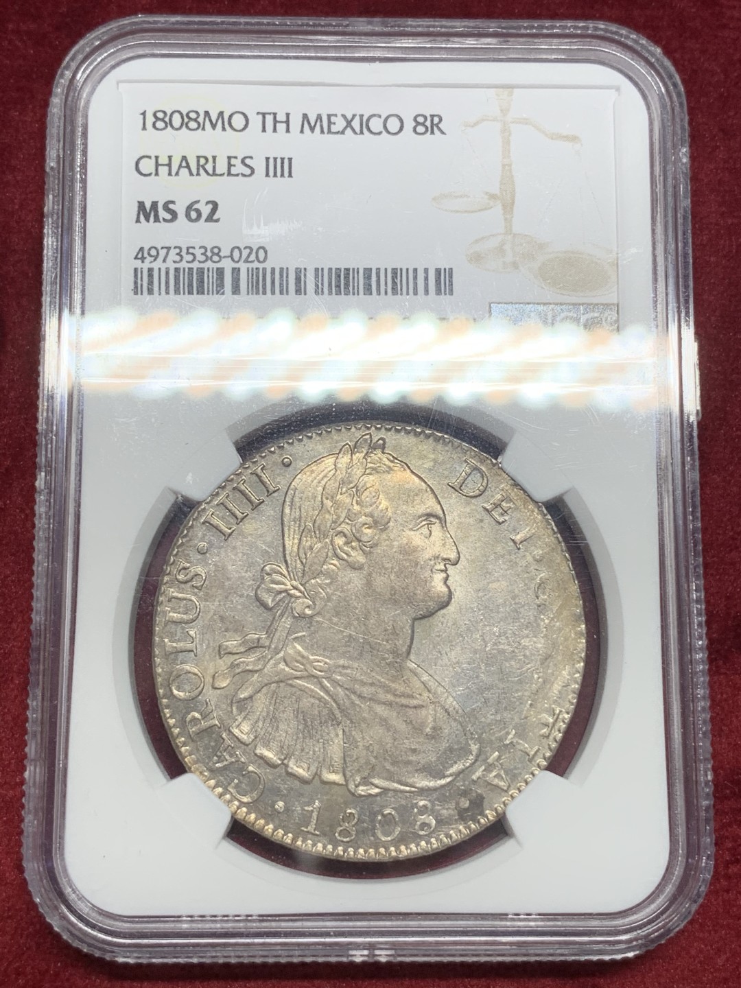 《竞宝斋》西.葡及其殖民地国家专场-第70场（全场不限金额包邮） NGC-MS62 墨西哥 1808年 卡四  8里亚尔双柱大银币  原光四射 原味深打  收藏必选