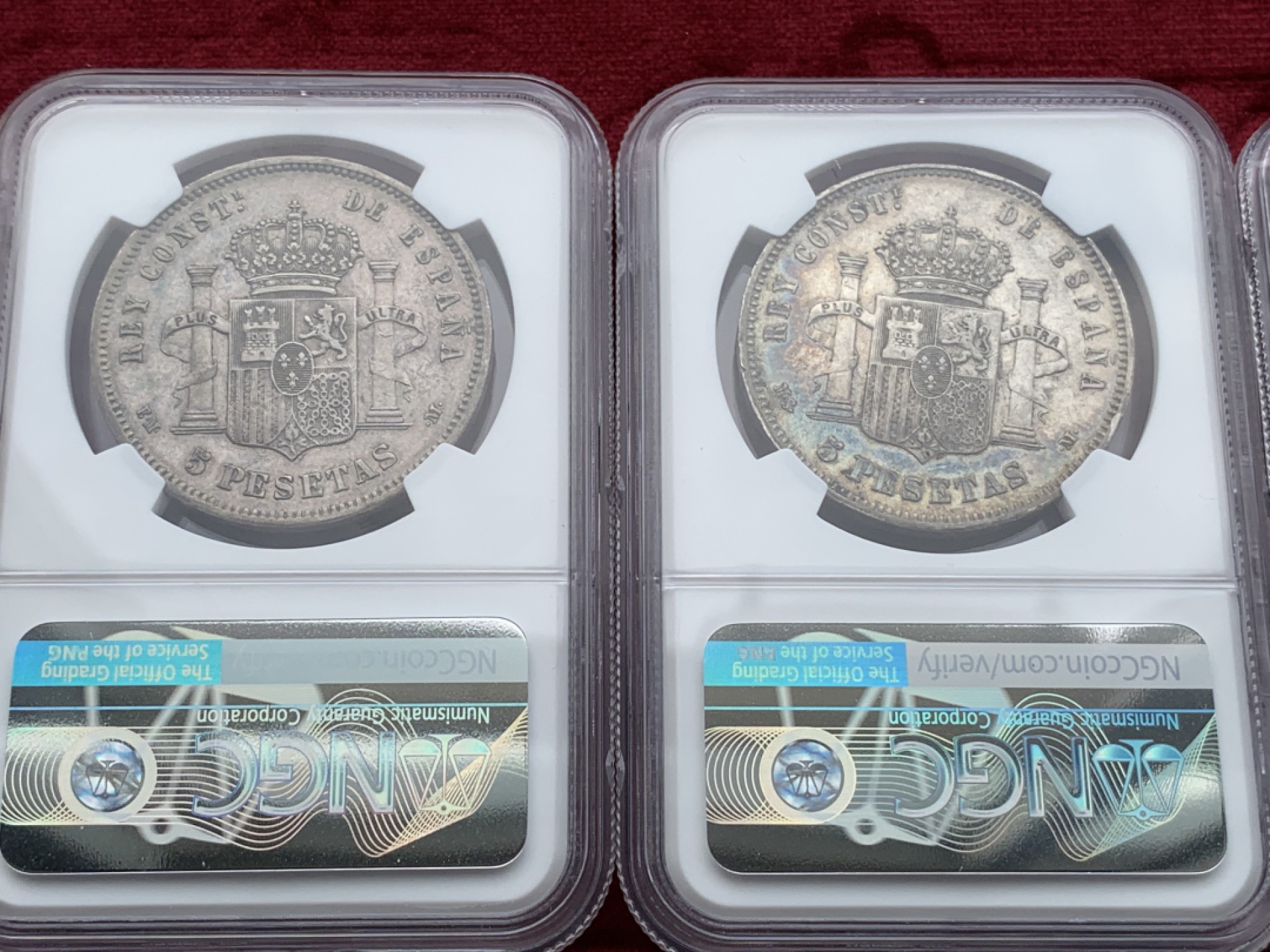 《竞宝斋》西.葡及其殖民地国家专场-第70场（全场不限金额包邮） NGC-XF45-AU50 原味彩包浆 西班牙5 比塞塔 8枚大全套一套 状态好 一次搞定全头像