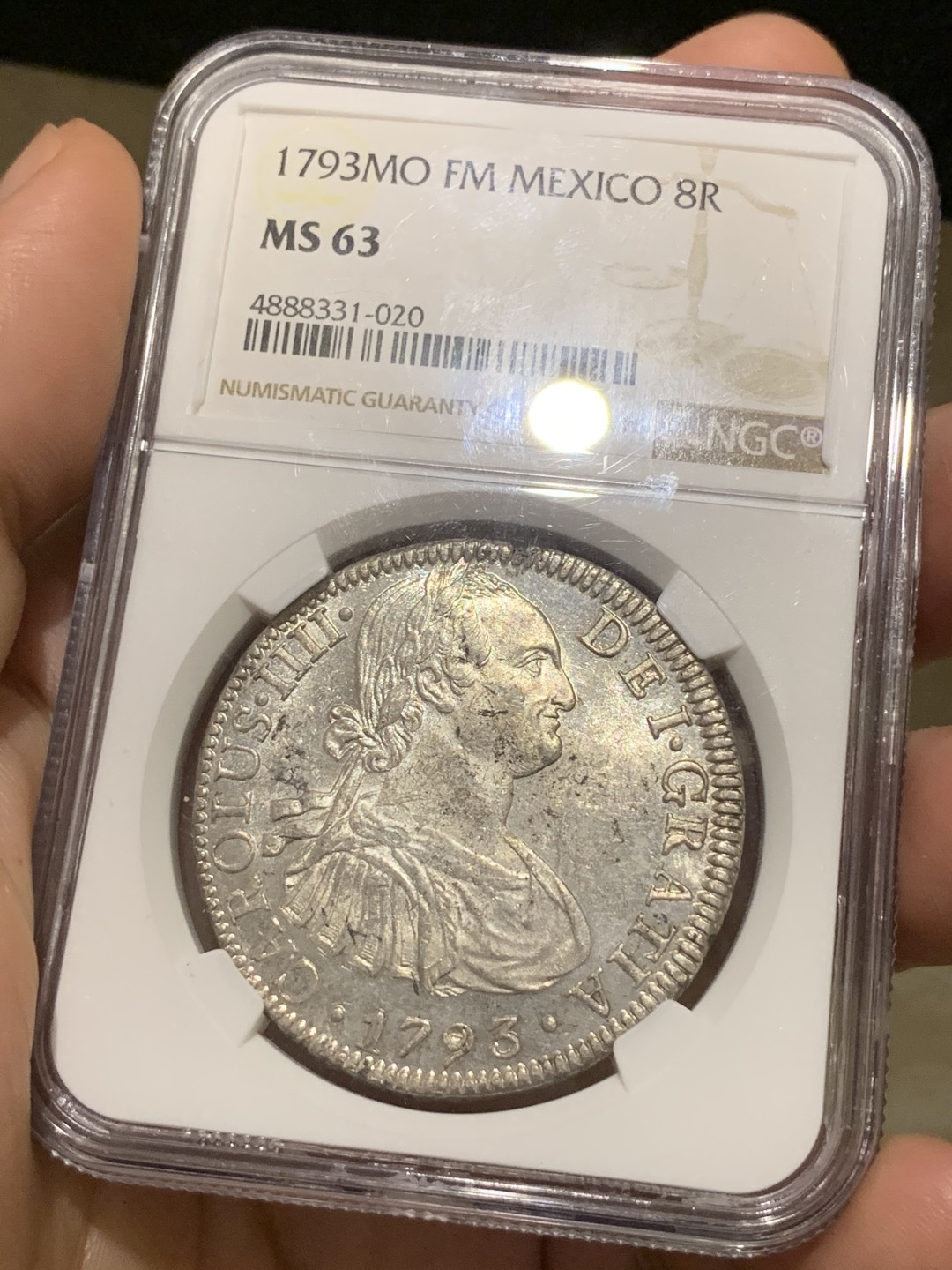 《竞宝斋》西.葡及其殖民地国家专场-第70场（全场不限金额包邮） 冠军分 NGC-MS63 墨西哥双柱 卡洛斯四世 1793 8里亚尔大银币 深打  早期卡四 top顶级收藏