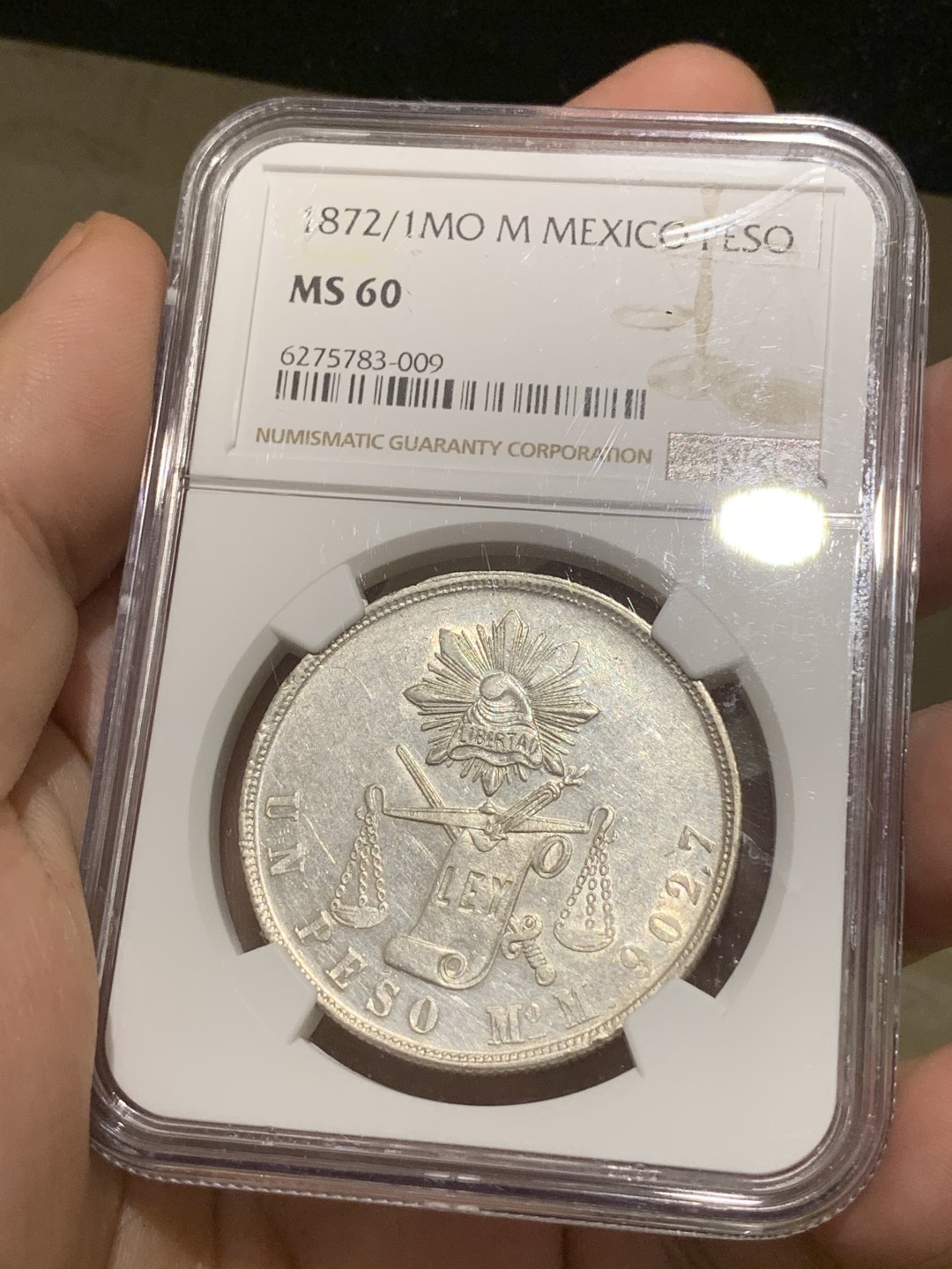 《竞宝斋》西.葡及其殖民地国家专场-第70场（全场不限金额包邮） NGC MS60 墨西哥 1872/1 年骑字版 天平鹰洋 底板光洁 打制均匀 值得收藏