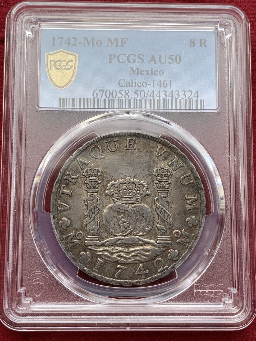 《竞宝斋》西.葡及其殖民地国家专场-第70场（全场不限金额包邮） PCGS-AU50 墨西哥地球双柱1742  8里亚尔 早期年份 双面黑油彩包浆 深打 大热门品种