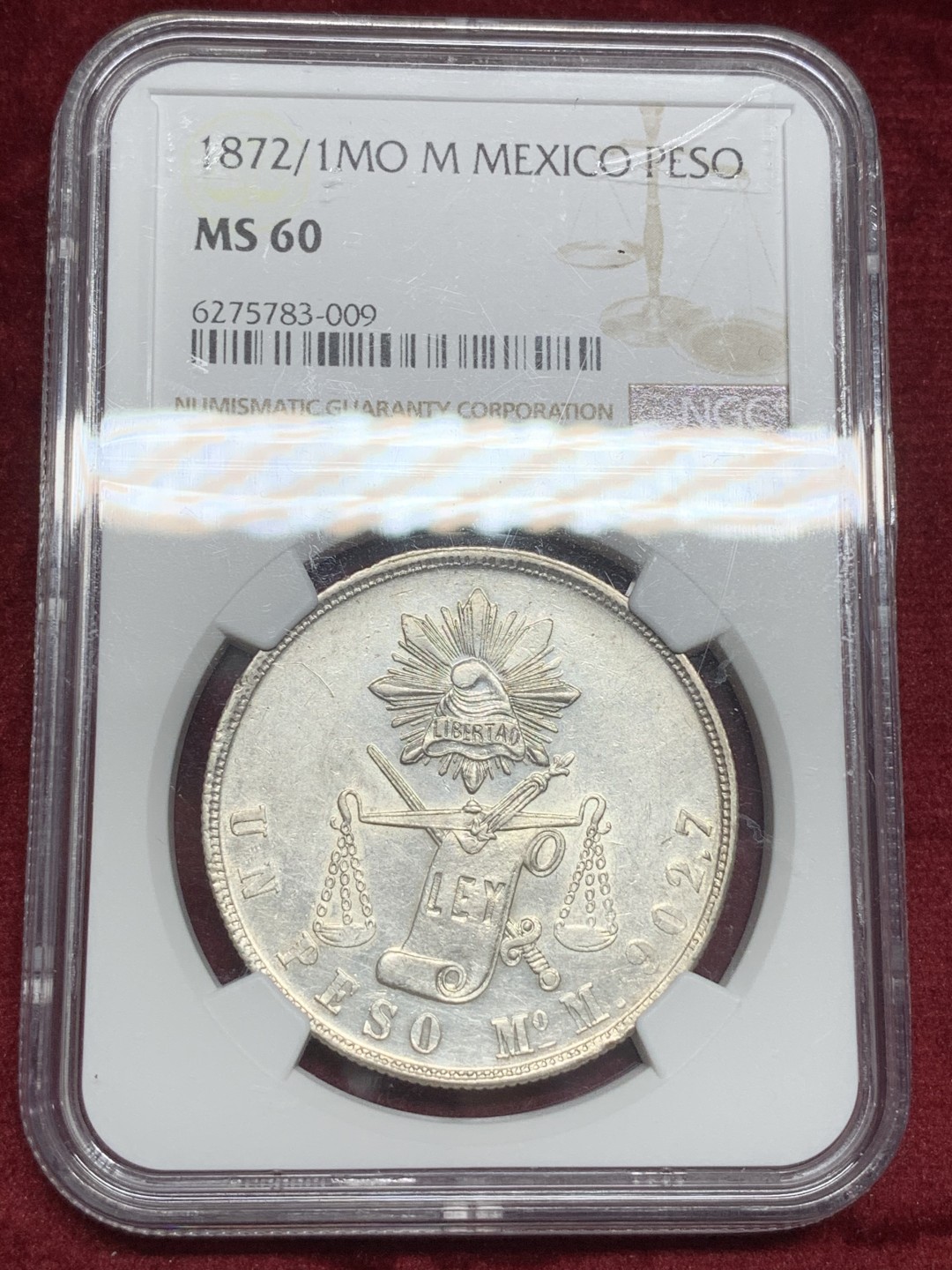 《竞宝斋》西.葡及其殖民地国家专场-第70场（全场不限金额包邮） NGC MS60 墨西哥 1872/1 年骑字版 天平鹰洋 底板光洁 打制均匀 值得收藏