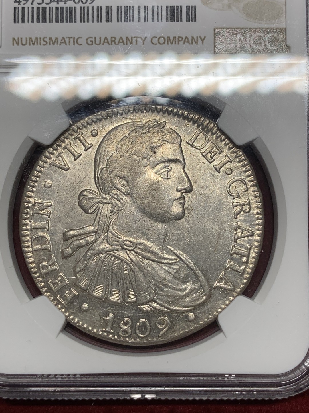 《竞宝斋》西.葡及其殖民地国家专场-第70场（全场不限金额包邮） NGC-AU58 墨西哥双柱 费迪南七世 1809年 8里亚尔 过渡年份 臆造头像 潜力巨大 原光深打   