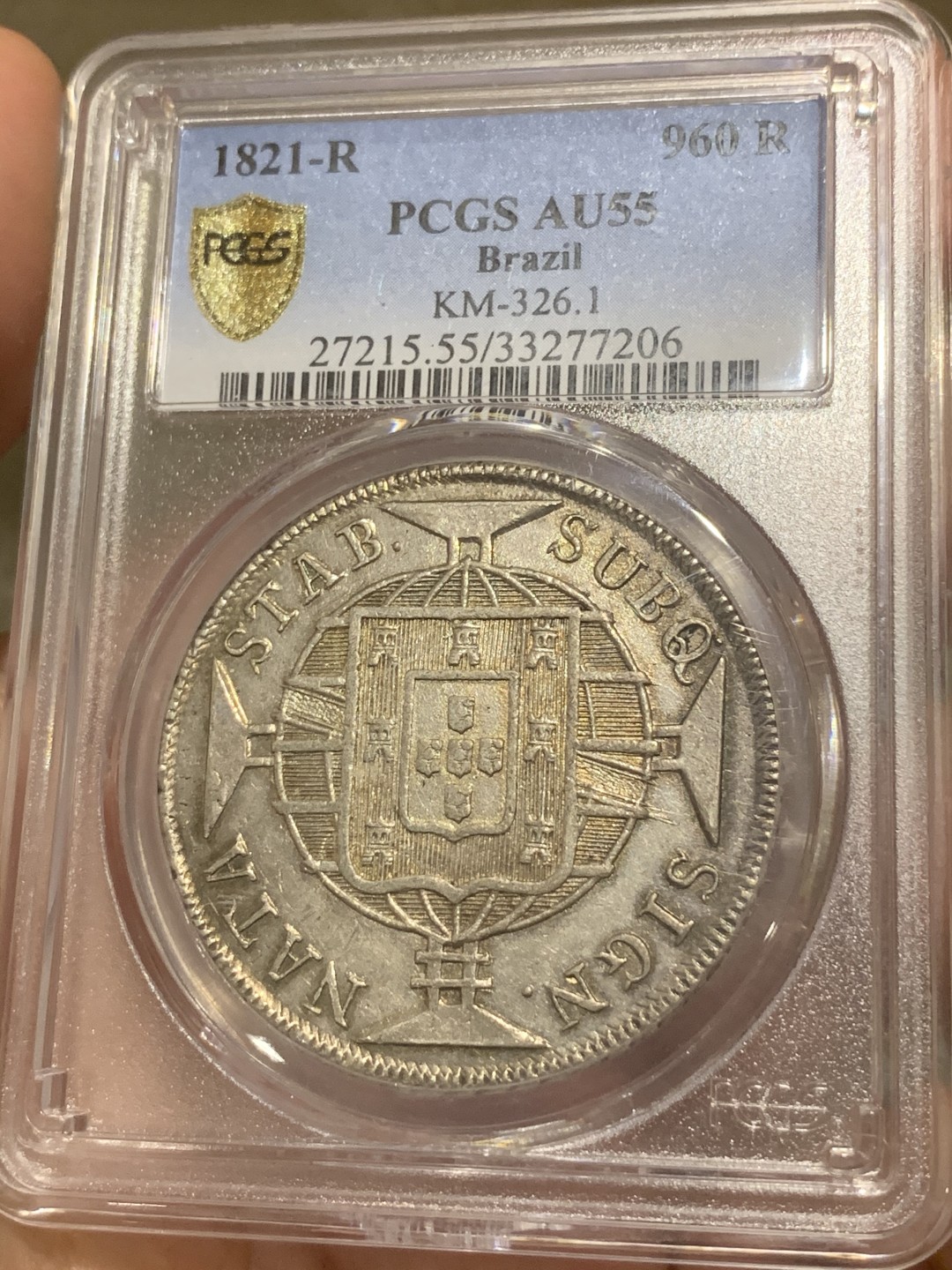 《竞宝斋》西.葡及其殖民地国家专场-第70场（全场不限金额包邮） PCGS AU55 巴西1821年大皇冠地球 960R银币状态很好有加分潜力