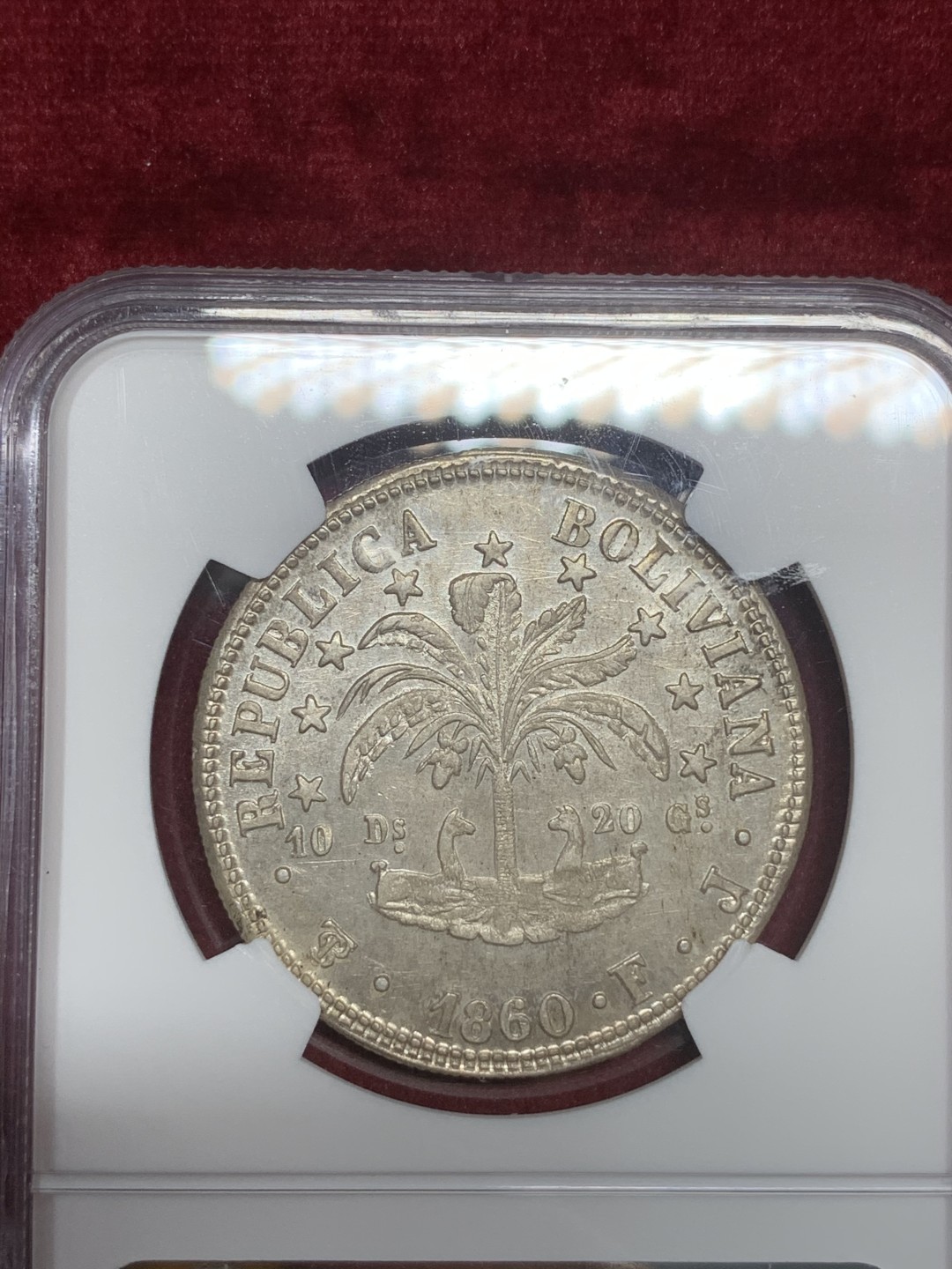 《竞宝斋》西.葡及其殖民地国家专场-第70场（全场不限金额包邮） NGC-AU58  玻利维亚 1860年 8索尔 玻利瓦尔头像银币 原光背面打制的特别好