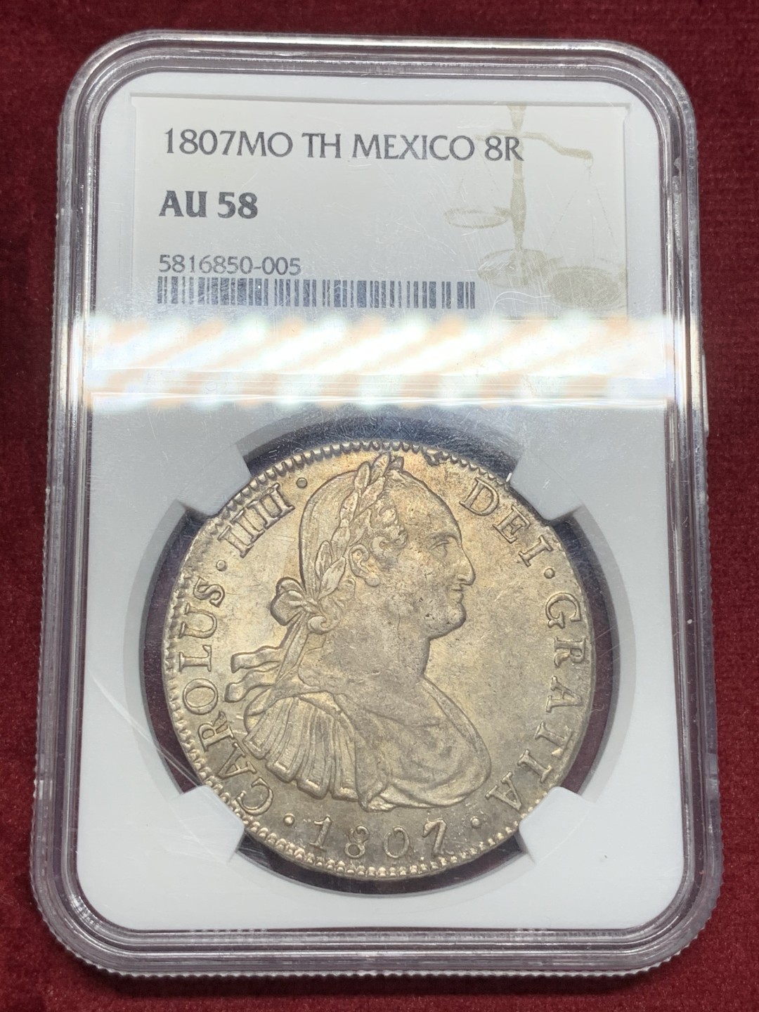 《竞宝斋》西.葡及其殖民地国家专场-第70场（全场不限金额包邮） NGC-AU58 墨西哥双柱 卡洛斯四世 1807年 8R大银币 打制细节不错