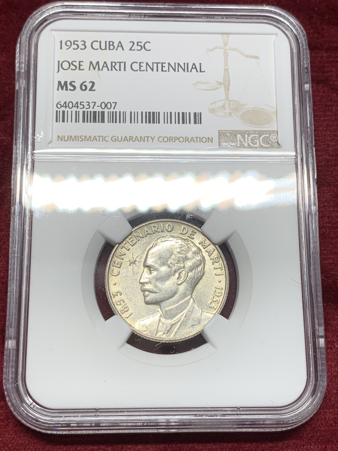 《竞宝斋》西.葡及其殖民地国家专场-第70场（全场不限金额包邮） NGC-MS62 古巴 1953年 纪念马丁诞辰百年 25分银币 原光好品