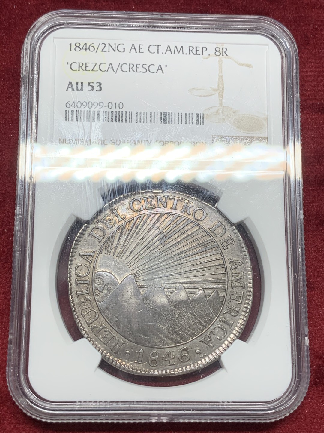《竞宝斋》西.葡及其殖民地国家专场-第70场（全场不限金额包邮） NGC-AU53 双骑字版！ 中美洲太阳脸 1846/2  CREZCA/CRESCA  8里亚尔 深彩包浆 热门首选  