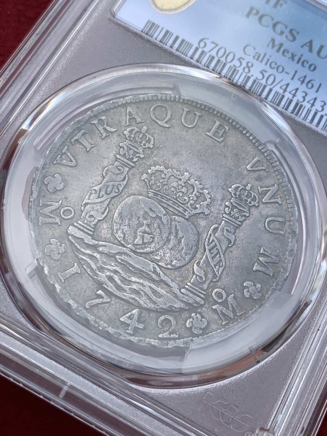 《竞宝斋》西.葡及其殖民地国家专场-第70场（全场不限金额包邮） PCGS-AU50 墨西哥地球双柱1742  8里亚尔 早期年份 双面黑油彩包浆 深打 大热门品种