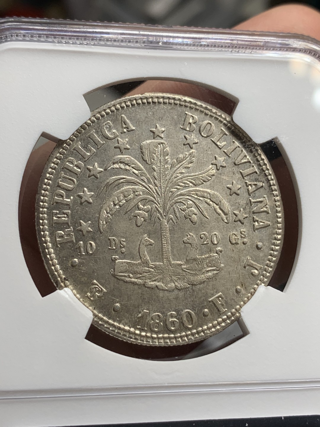 《竞宝斋》西.葡及其殖民地国家专场-第70场（全场不限金额包邮） NGC-AU58  玻利维亚 1860年 8索尔 玻利瓦尔头像银币 原光背面打制的特别好