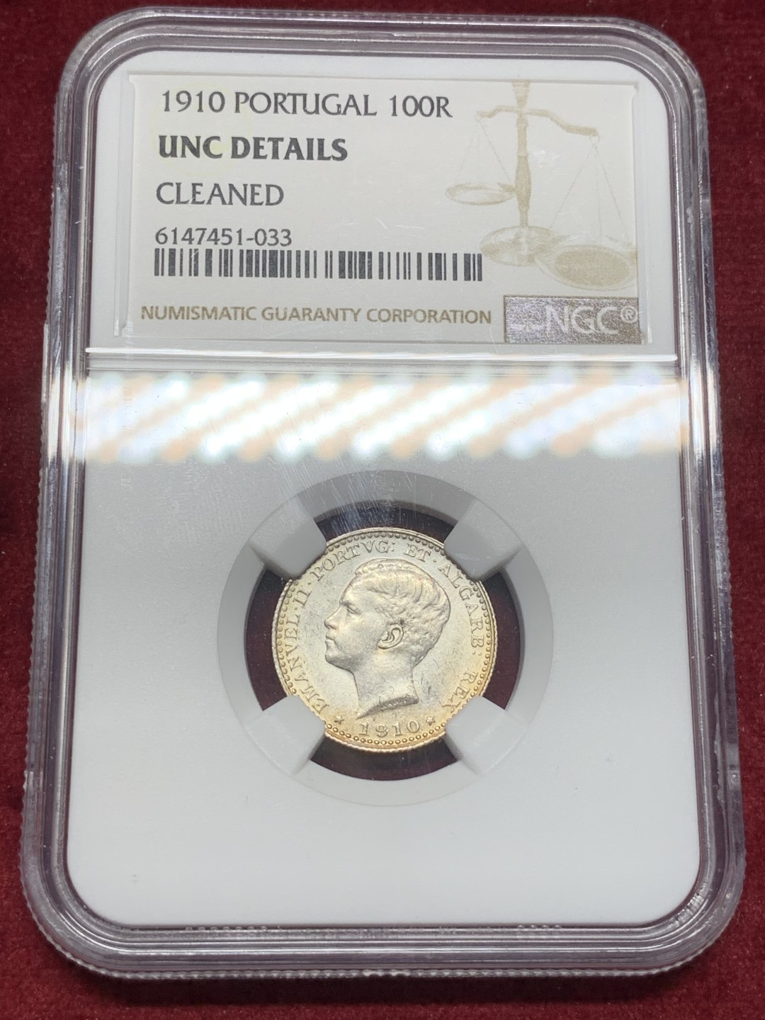 《竞宝斋》西.葡及其殖民地国家专场-第70场（全场不限金额包邮） NGC UNC 少见品种 葡萄牙 1910年 100瑞斯 小银币 细节好