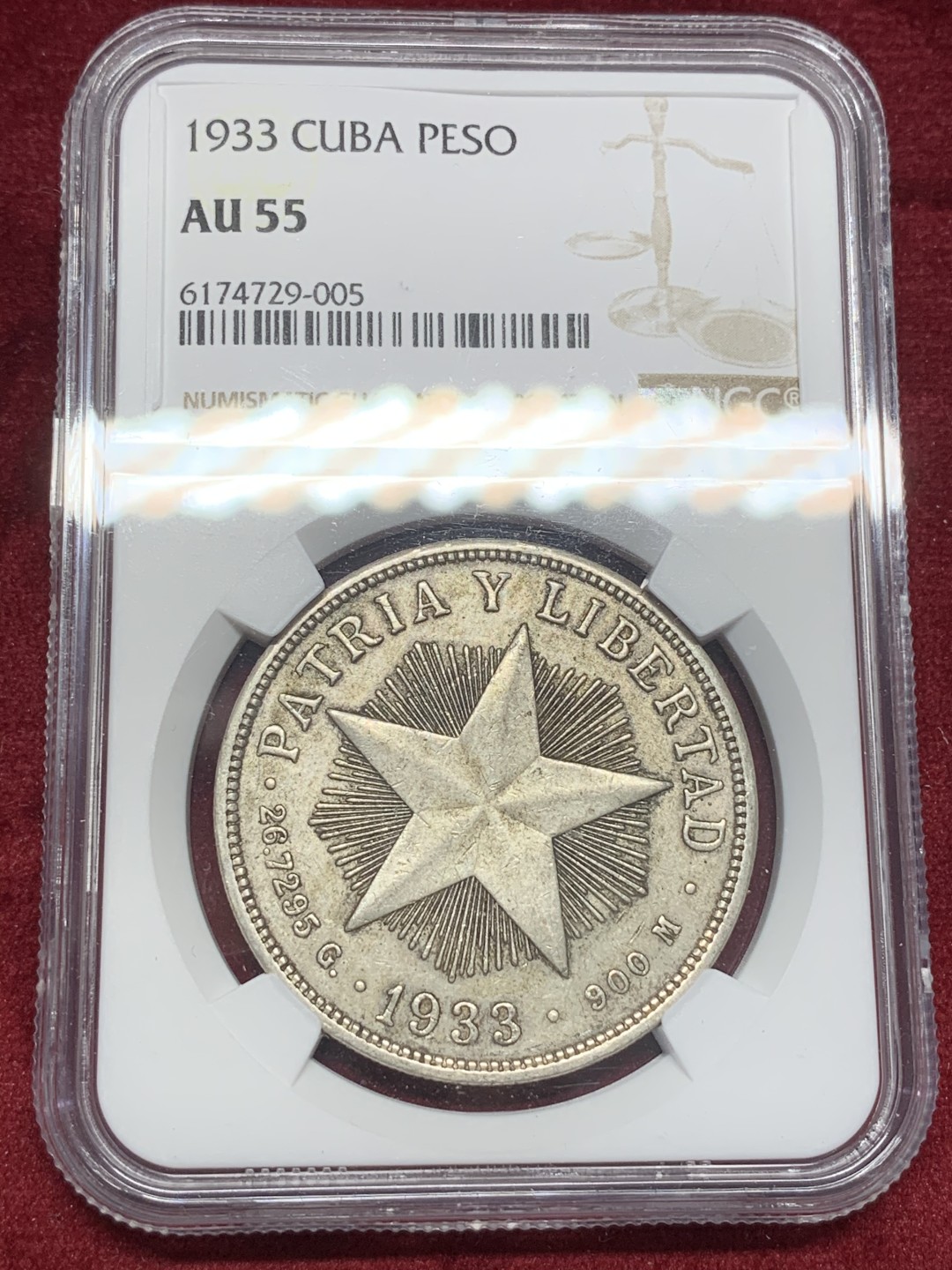 《竞宝斋》西.葡及其殖民地国家专场-第70场（全场不限金额包邮） NGC-AU55 古巴1933年 大五星1比索 银币 大热品种 双面 老包浆