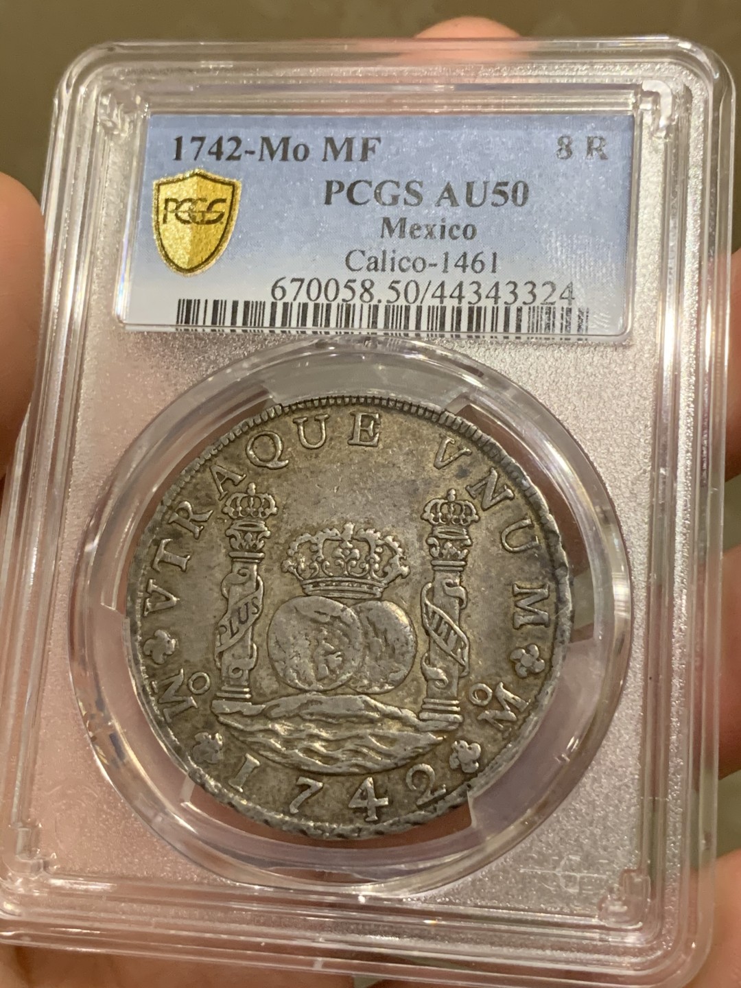 《竞宝斋》西.葡及其殖民地国家专场-第70场（全场不限金额包邮） PCGS-AU50 墨西哥地球双柱1742  8里亚尔 早期年份 双面黑油彩包浆 深打 大热门品种