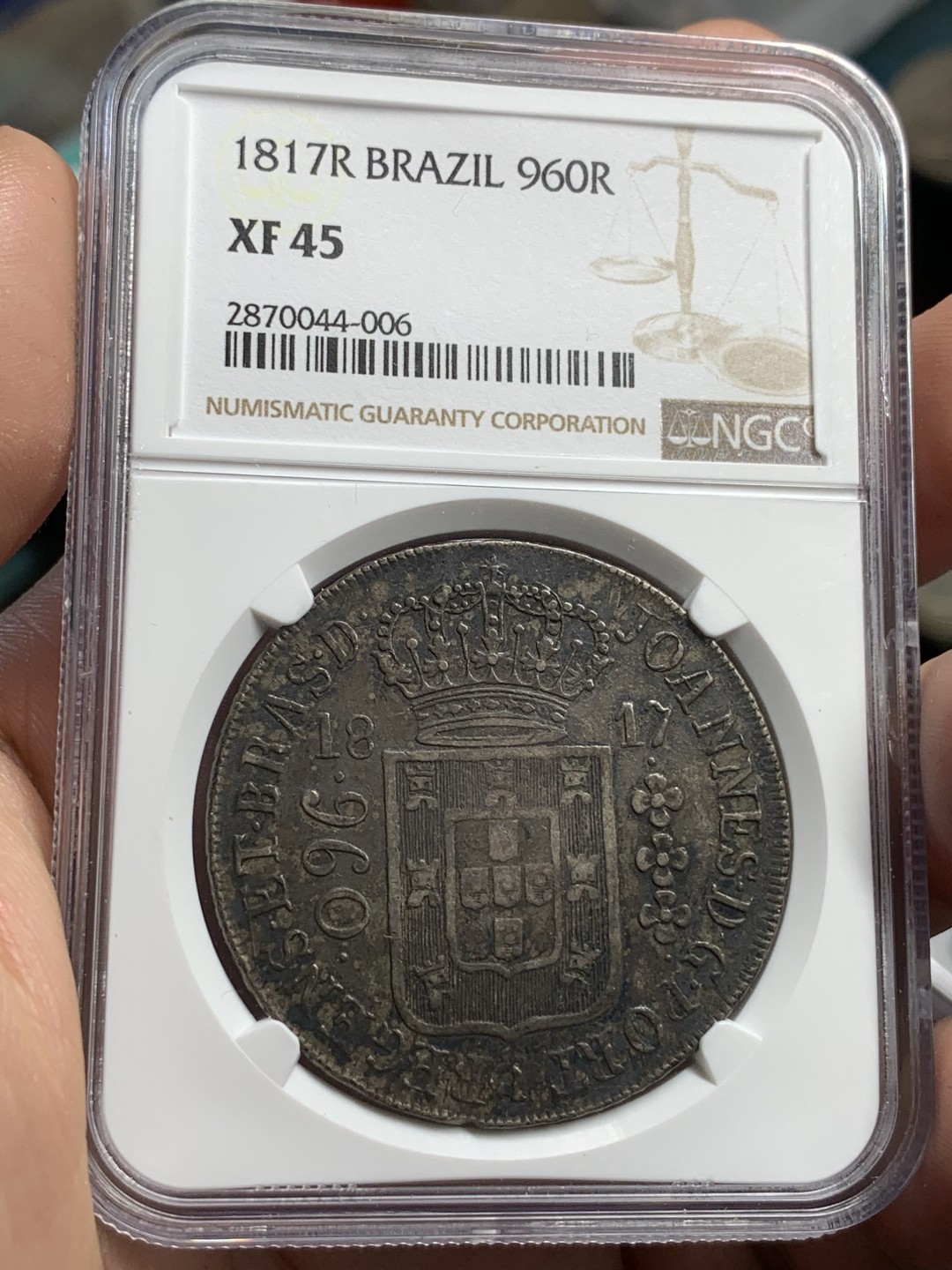 《竞宝斋》西.葡及其殖民地国家专场-第70场（全场不限金额包邮） NGC-XF45 葡属巴西 1817年 960瑞斯 银币 老包浆 味道不错 近期热门品种