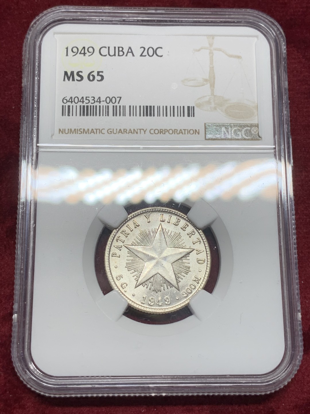 《竞宝斋》西.葡及其殖民地国家专场-第70场（全场不限金额包邮） NGC-MS65 古巴 1949年 大五星 20分银币 顶级分数 最新成交312美元，65+的2000美元 性价比极高