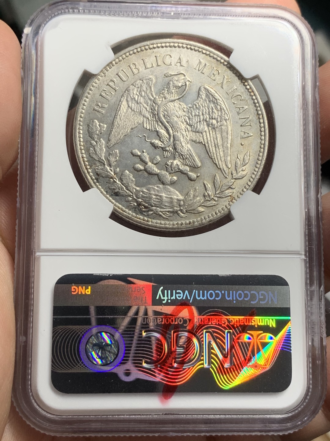 《竞宝斋》西.葡及其殖民地国家专场-第70场（全场不限金额包邮） NGC-ms61 墨西哥 1909年 直边鹰洋 1比索银币  原味五彩包浆