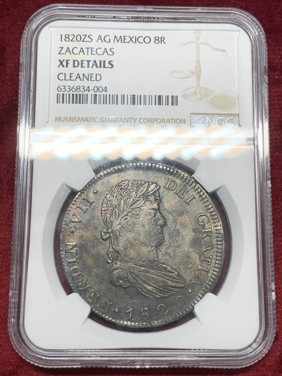 《竞宝斋》西.葡及其殖民地国家专场-第70场（全场不限金额包邮） NGC XF评级 五彩墨西哥 1820年 内战时期 费七 8里亚尔双柱银币 内战双柱外拍白币XFD一般在200美元左右，这枚细节满足AU要求 比较难得