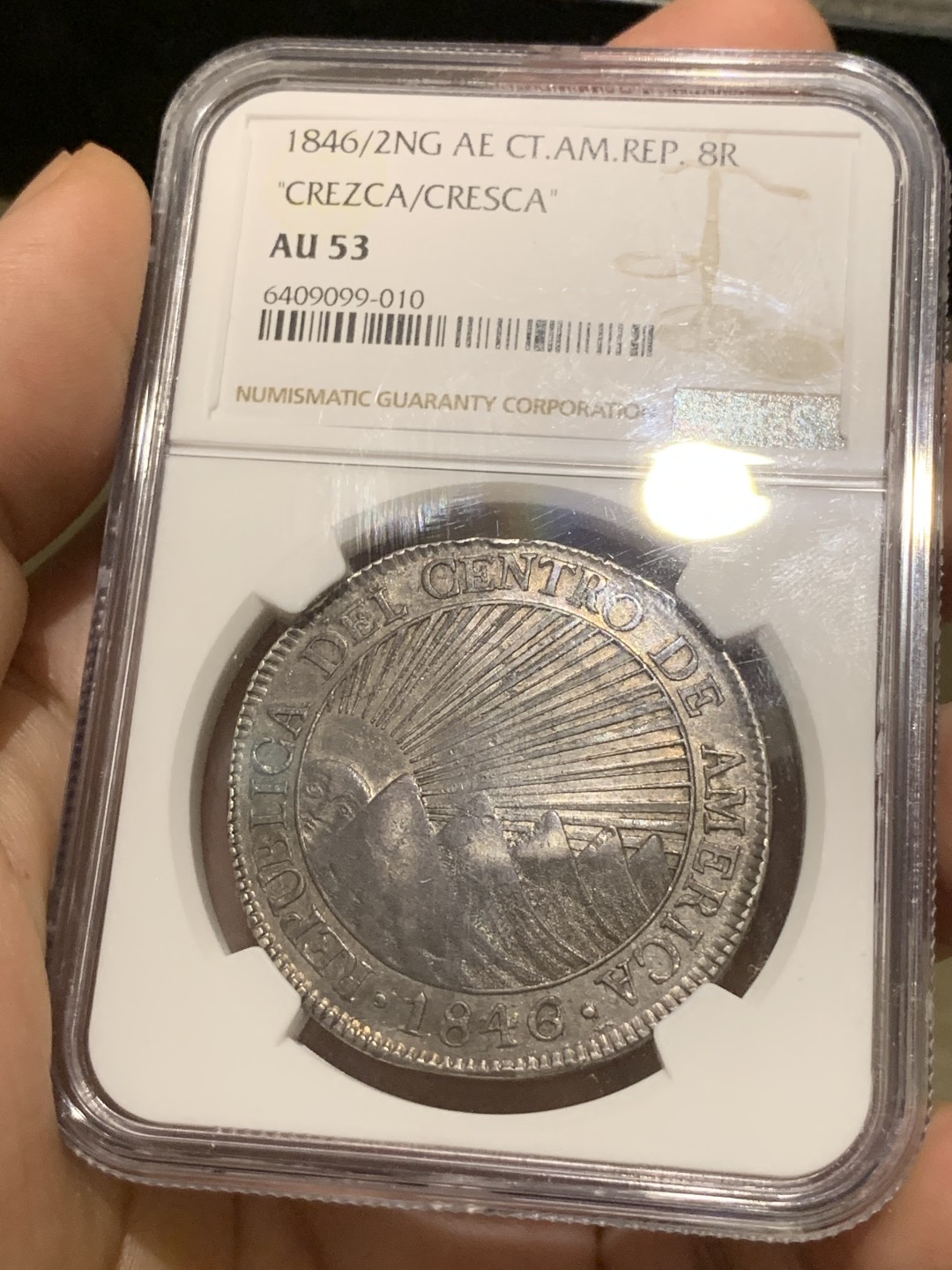 《竞宝斋》西.葡及其殖民地国家专场-第70场（全场不限金额包邮） NGC-AU53 双骑字版！ 中美洲太阳脸 1846/2  CREZCA/CRESCA  8里亚尔 深彩包浆 热门首选  