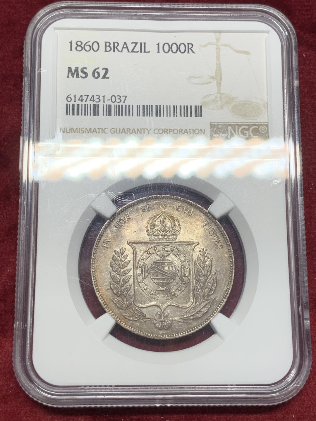 《竞宝斋》西.葡及其殖民地国家专场-第70场（全场不限金额包邮） NGC-62 葡属巴西 1860年 1000里斯  双面深彩包浆 难得状态 值得收藏