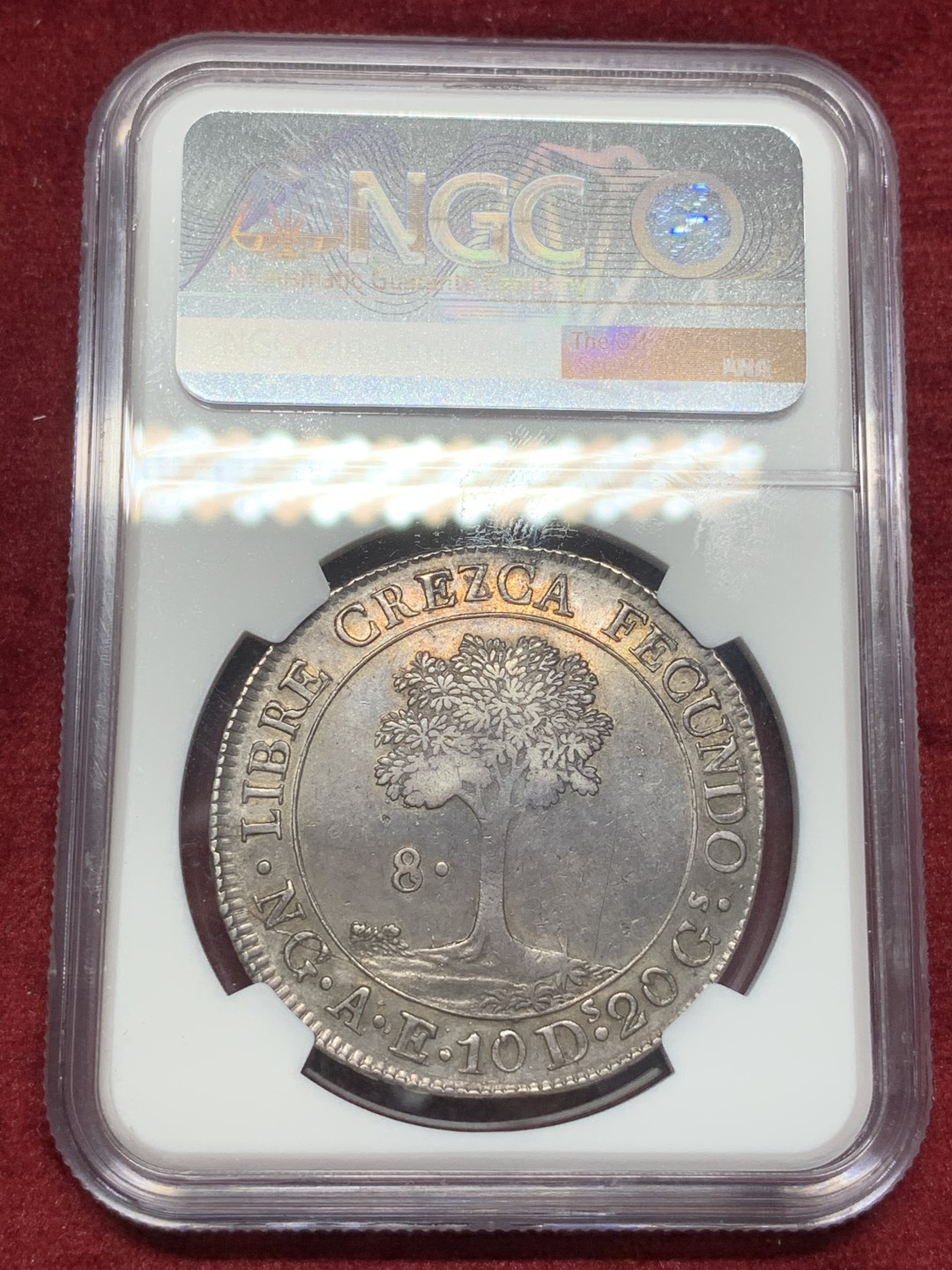 《竞宝斋》西.葡及其殖民地国家专场-第70场（全场不限金额包邮） NGC-AU53 双骑字版！ 中美洲太阳脸 1846/2  CREZCA/CRESCA  8里亚尔 深彩包浆 热门首选  