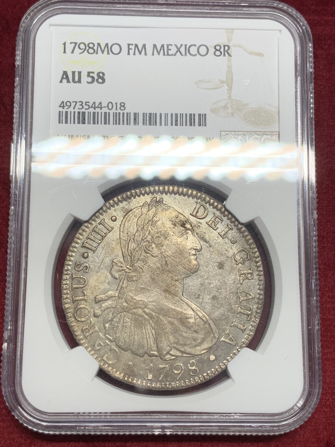 《竞宝斋》西.葡及其殖民地国家专场-第70场（全场不限金额包邮） NGC-AU58 墨西哥双柱 1798年 卡洛斯四世 8里亚尔 双柱银币  早期版原味深打
