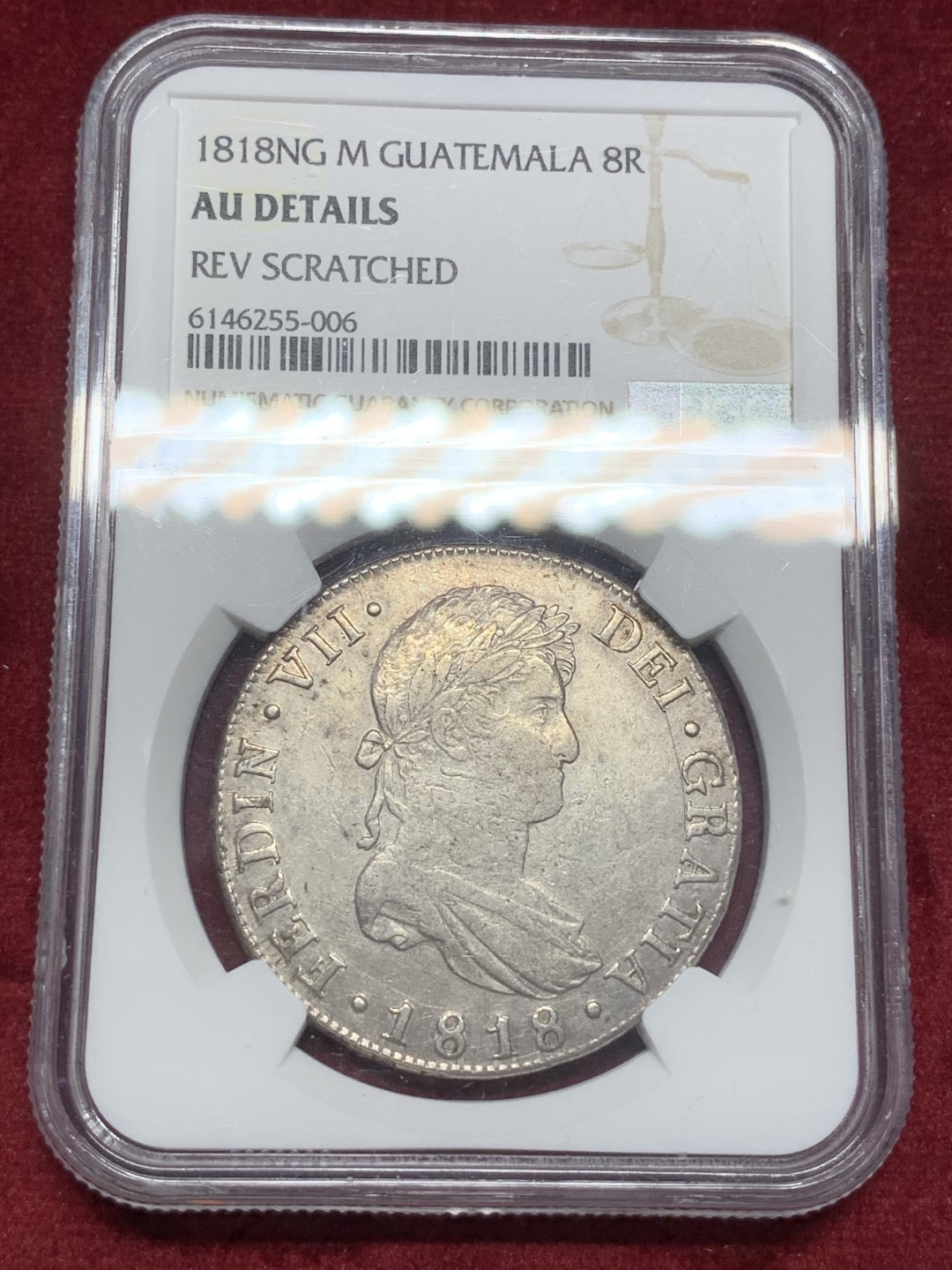 《竞宝斋》西.葡及其殖民地国家专场-第70场（全场不限金额包邮） NGC-AUD 危地马拉 双柱大银币 费迪南七世 1818年 细节不错吉祥年份  少见小厂