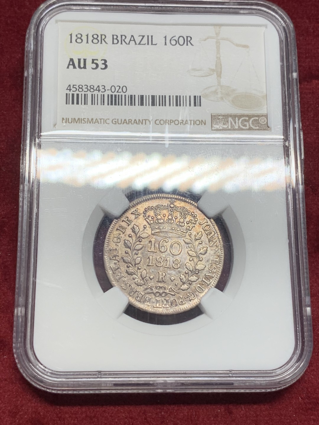 《竞宝斋》西.葡及其殖民地国家专场-第70场（全场不限金额包邮） NGC-AU53 葡属巴西  1818年R版 160R粉彩 第四名分 960多见 160面值的确实少