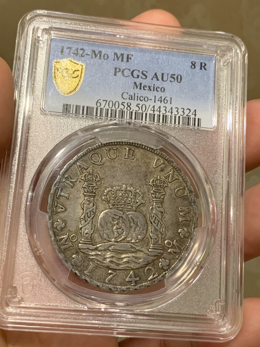 《竞宝斋》西.葡及其殖民地国家专场-第70场（全场不限金额包邮） PCGS-AU50 墨西哥地球双柱1742  8里亚尔 早期年份 双面黑油彩包浆 深打 大热门品种