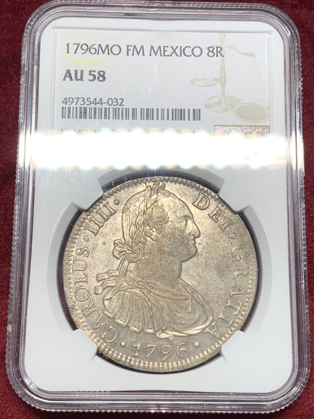 《竞宝斋》西.葡及其殖民地国家专场-第70场（全场不限金额包邮） NGC-AU58 墨西哥双柱 卡四 1796年  早期 8R双柱大银币 原味深打 底板好