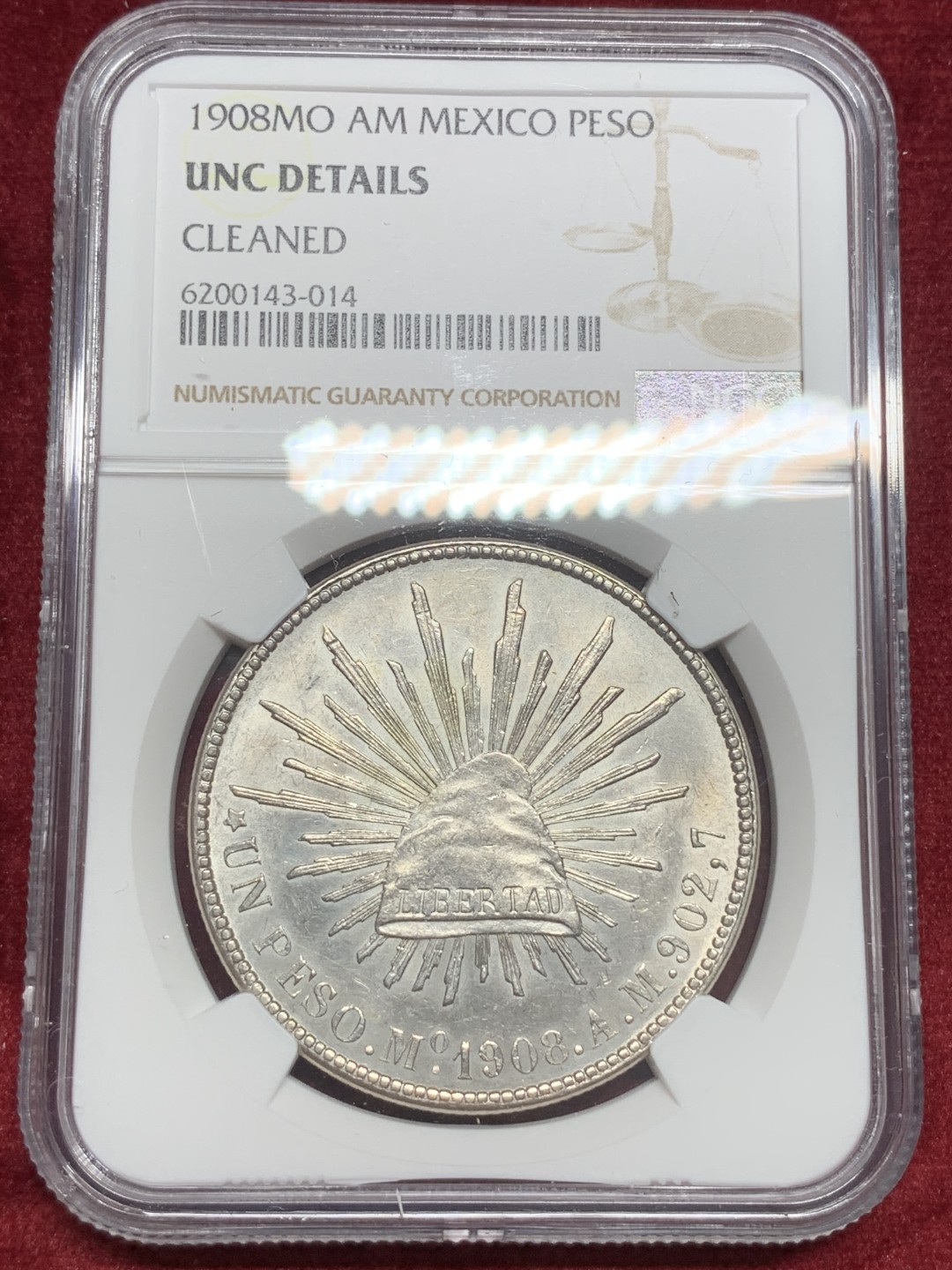 《竞宝斋》西.葡及其殖民地国家专场-第70场（全场不限金额包邮） NGC UNC 墨西哥 1908年MO AM版 直边 鹰洋银币 打制好 底光明显