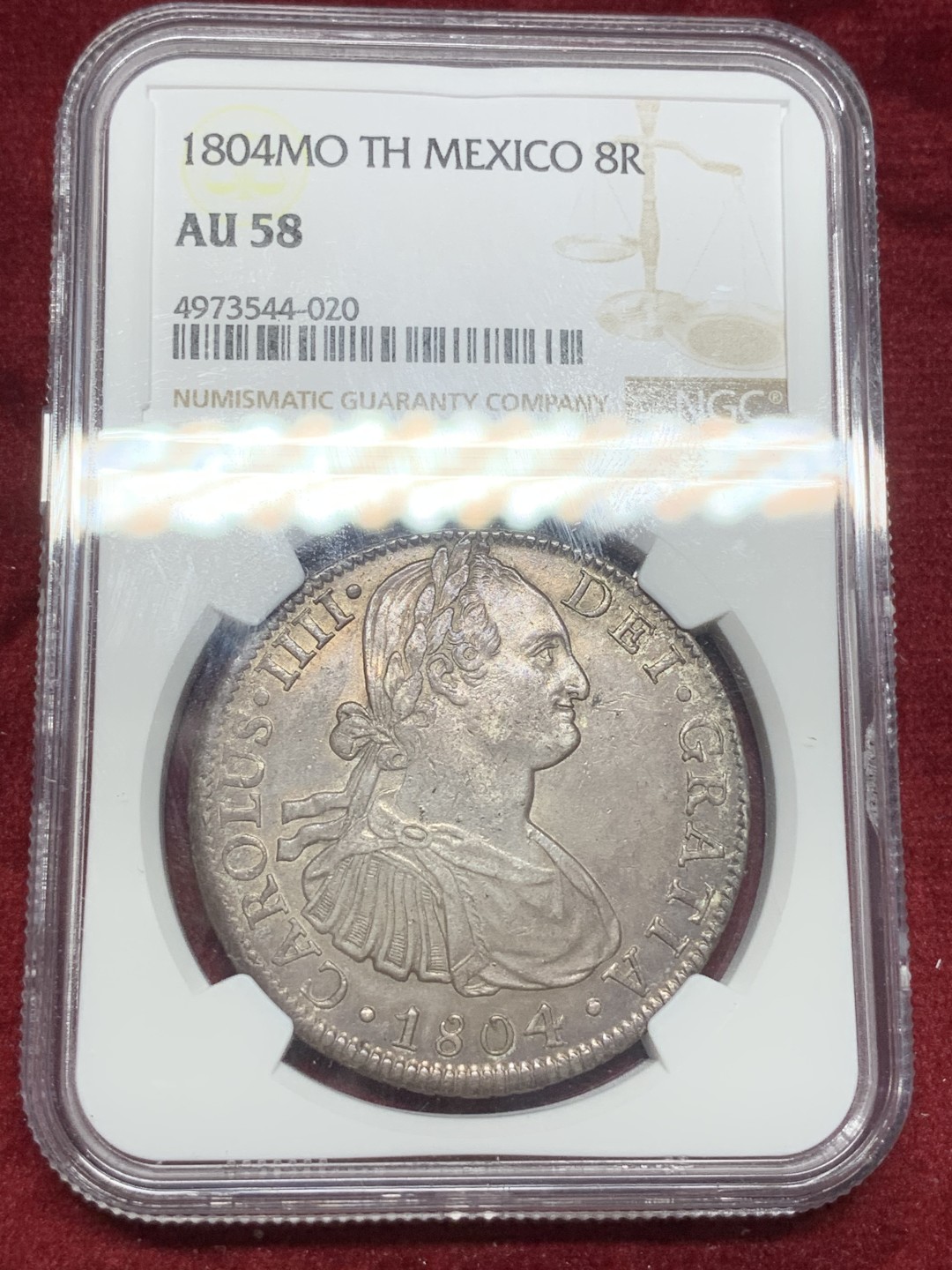 《竞宝斋》西.葡及其殖民地国家专场-第70场（全场不限金额包邮） NGC-AU58 墨西哥双柱 卡四 1804年  大银币 温润包浆值得收藏