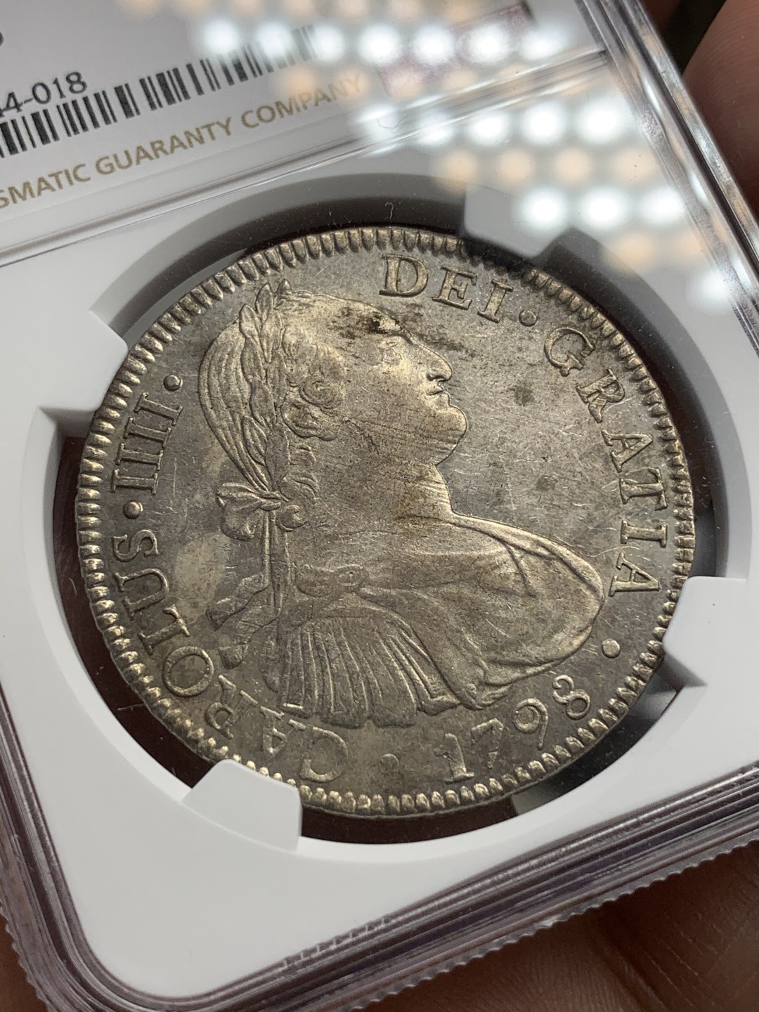 《竞宝斋》西.葡及其殖民地国家专场-第70场（全场不限金额包邮） NGC-AU58 墨西哥双柱 1798年 卡洛斯四世 8里亚尔 双柱银币  早期版原味深打