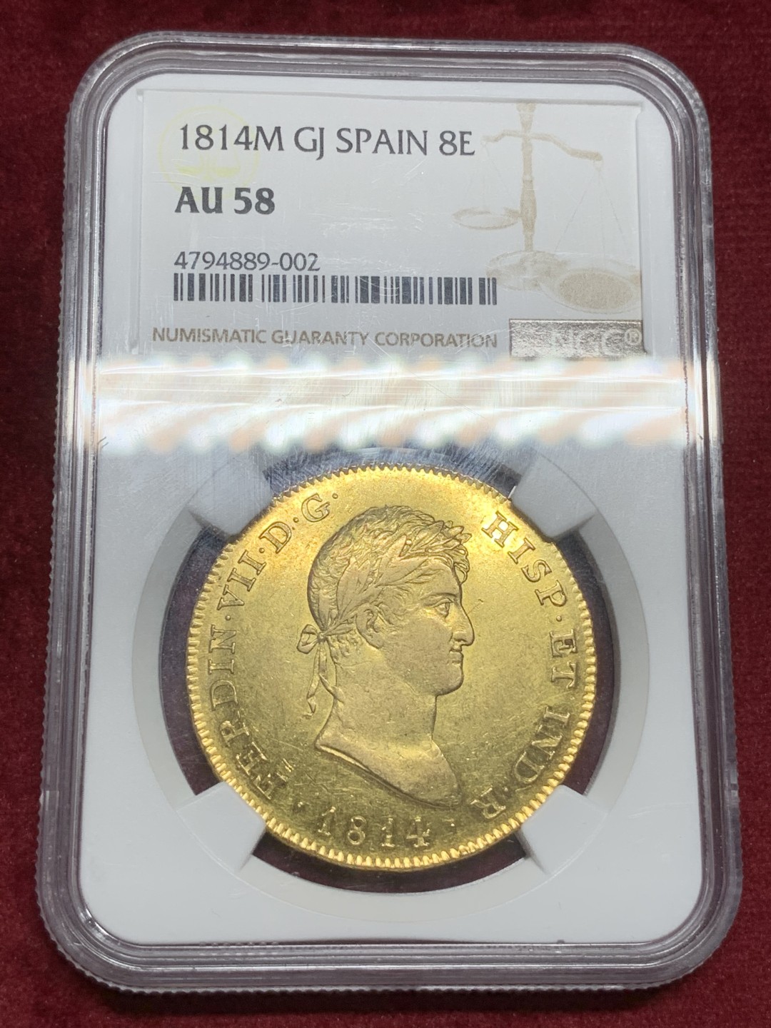 《竞宝斋》西.葡及其殖民地国家专场-第70场（全场不限金额包邮） NGC-AU58 西班牙本土 1814年 费迪南七世 8埃斯库多 大金币 马德里造币厂 罕见 ms状态 背面镜面 克劳斯目录XF40  5000刀 藏家必备