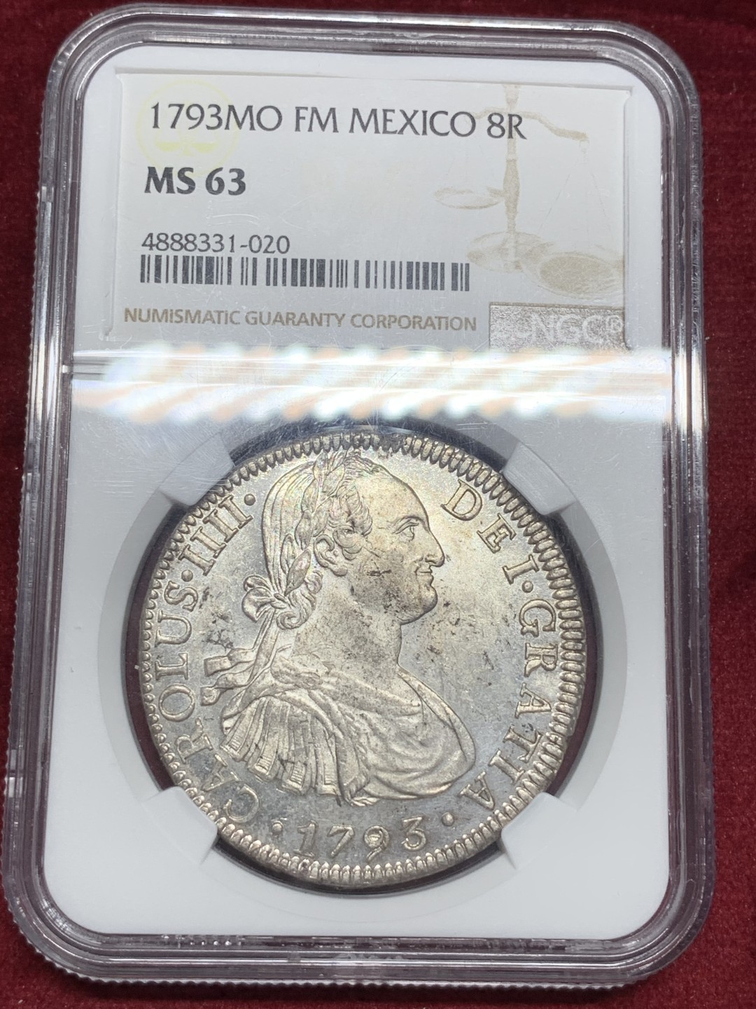 《竞宝斋》西.葡及其殖民地国家专场-第70场（全场不限金额包邮） 冠军分 NGC-MS63 墨西哥双柱 卡洛斯四世 1793 8里亚尔大银币 深打  早期卡四 top顶级收藏