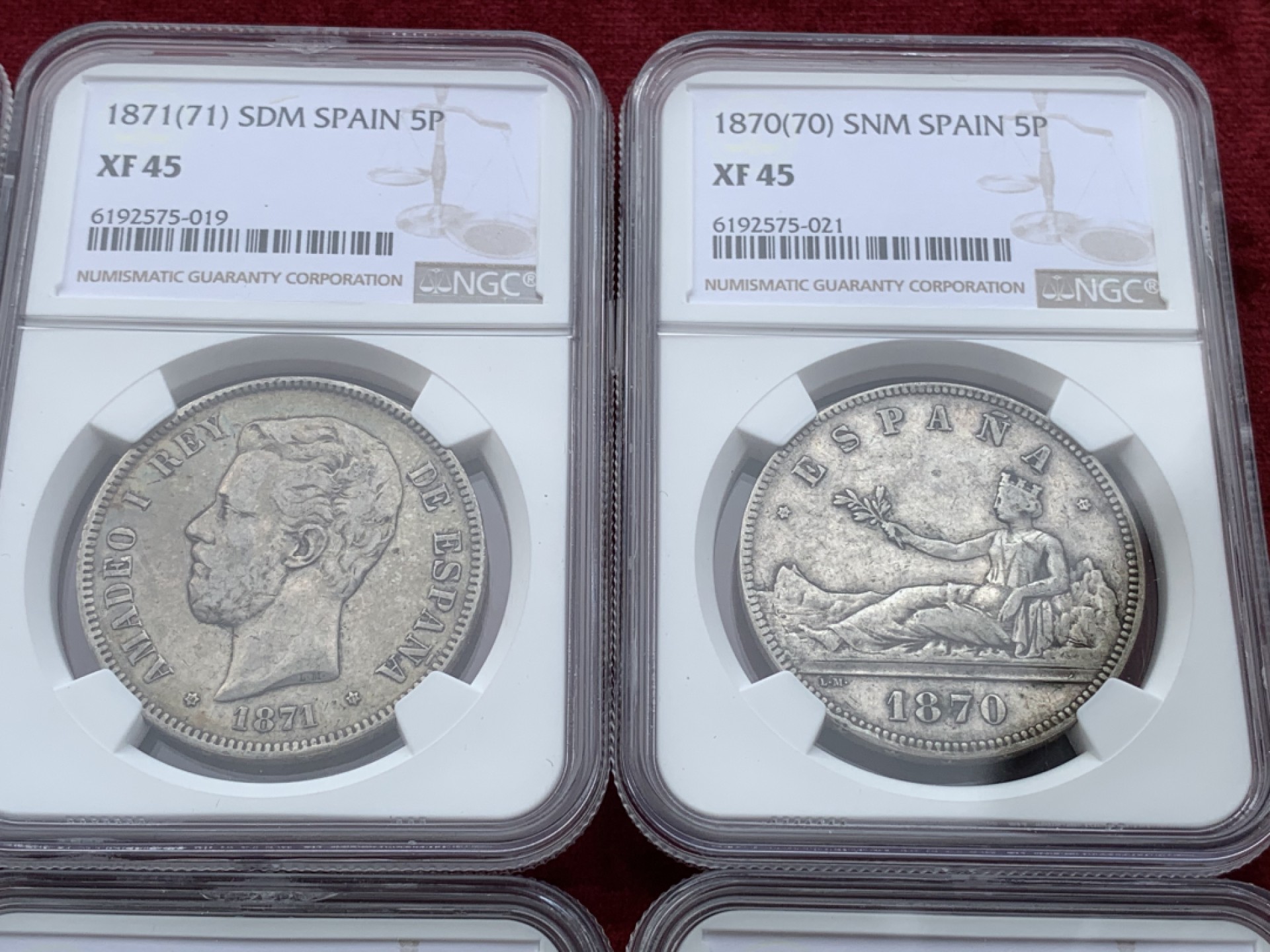 《竞宝斋》西.葡及其殖民地国家专场-第70场（全场不限金额包邮） NGC-XF45-AU50 原味彩包浆 西班牙5 比塞塔 8枚大全套一套 状态好 一次搞定全头像