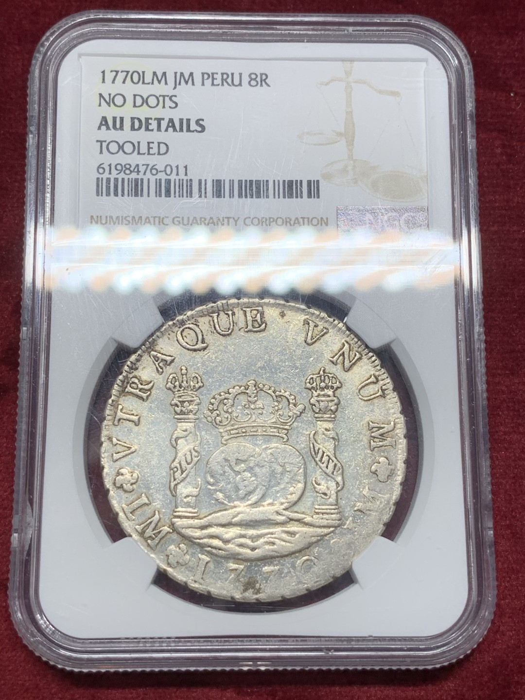 《竞宝斋》西.葡及其殖民地国家专场-第70场（全场不限金额包邮） NGC AU评级  秘鲁1770 卡洛斯三世8R地球双柱银币，稀少厂铭无点版，克劳斯目录无定价