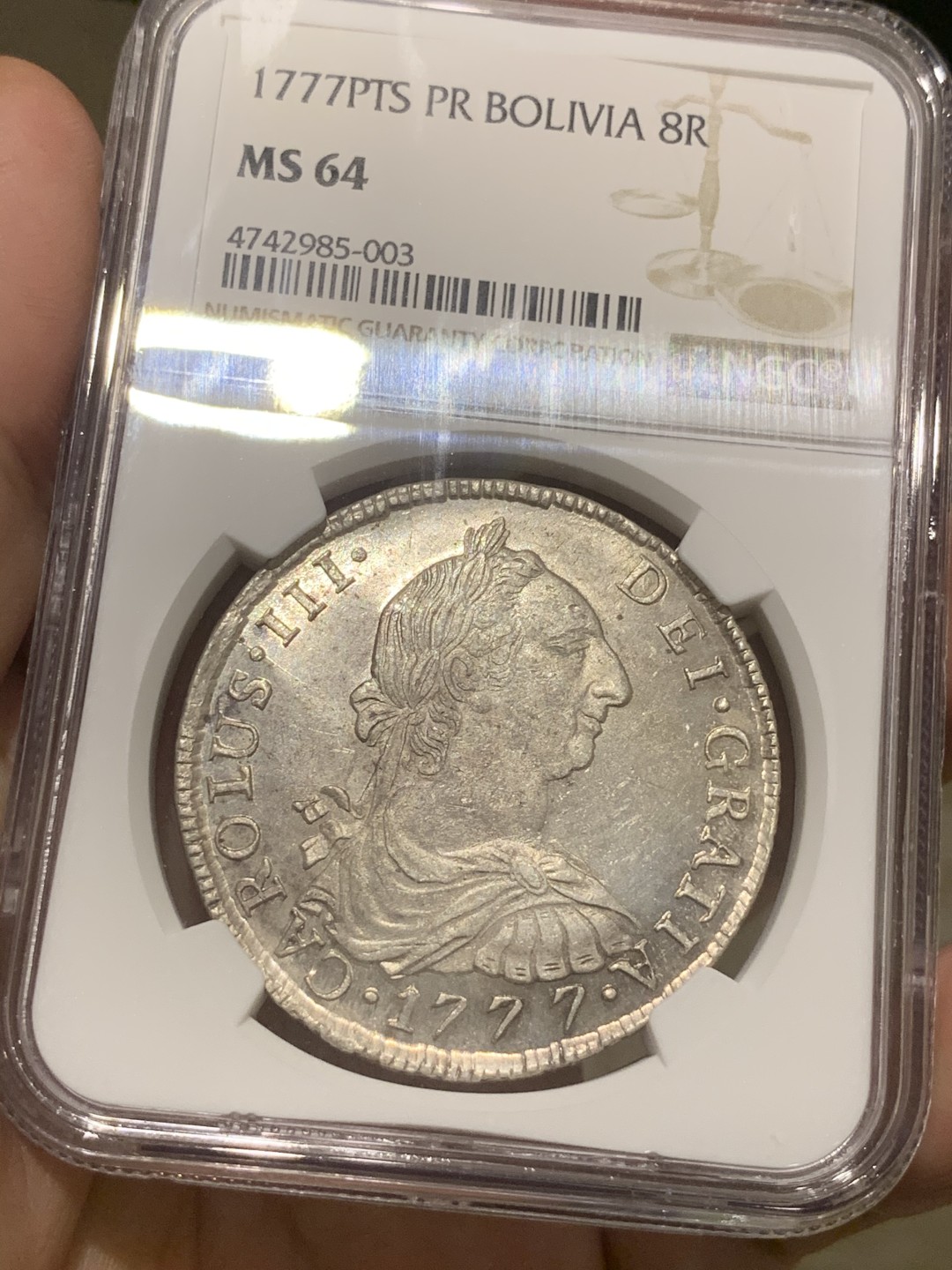 《竞宝斋》西.葡及其殖民地国家专场-第70场（全场不限金额包邮） 唯一冠军分 NGC-MS64 玻利维亚  卡洛斯三世 1777年 8里亚尔银币 top顶级收藏