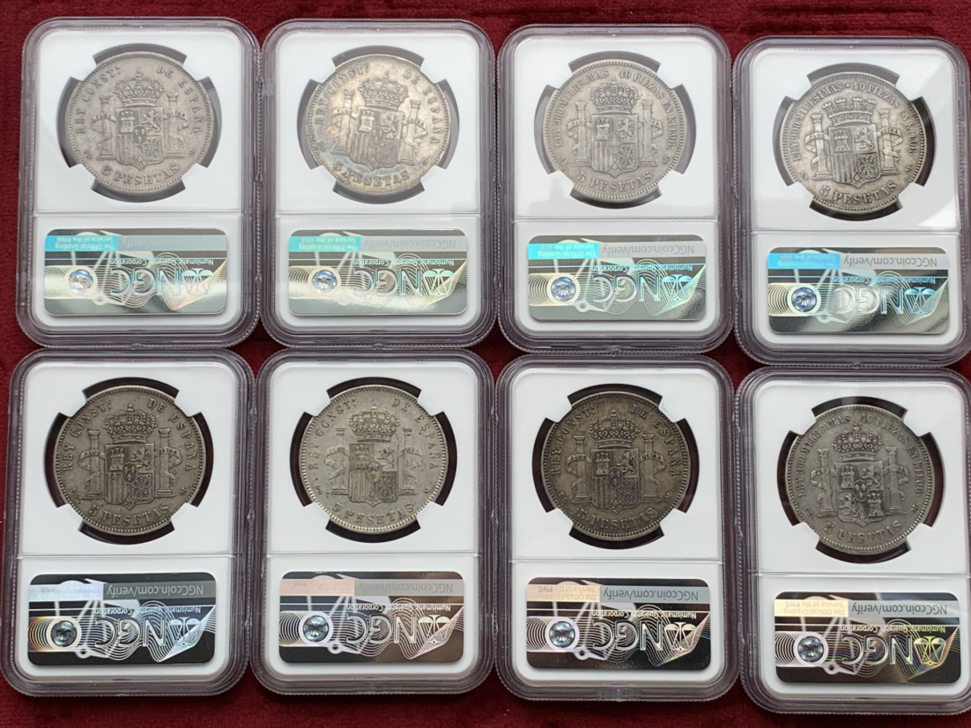 《竞宝斋》西.葡及其殖民地国家专场-第70场（全场不限金额包邮） NGC-XF45-AU50 原味彩包浆 西班牙5 比塞塔 8枚大全套一套 状态好 一次搞定全头像