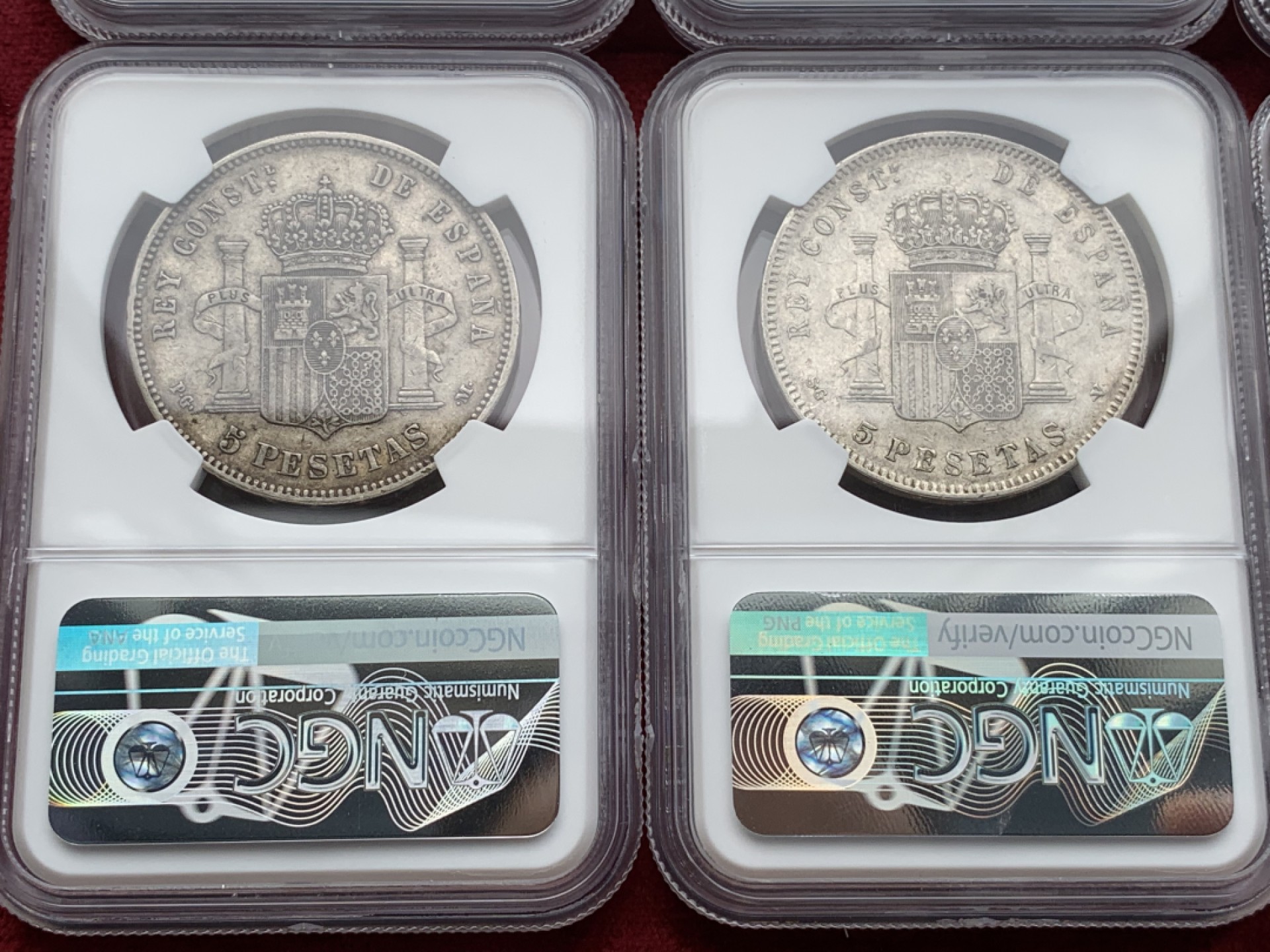 《竞宝斋》西.葡及其殖民地国家专场-第70场（全场不限金额包邮） NGC-XF45-AU50 原味彩包浆 西班牙5 比塞塔 8枚大全套一套 状态好 一次搞定全头像