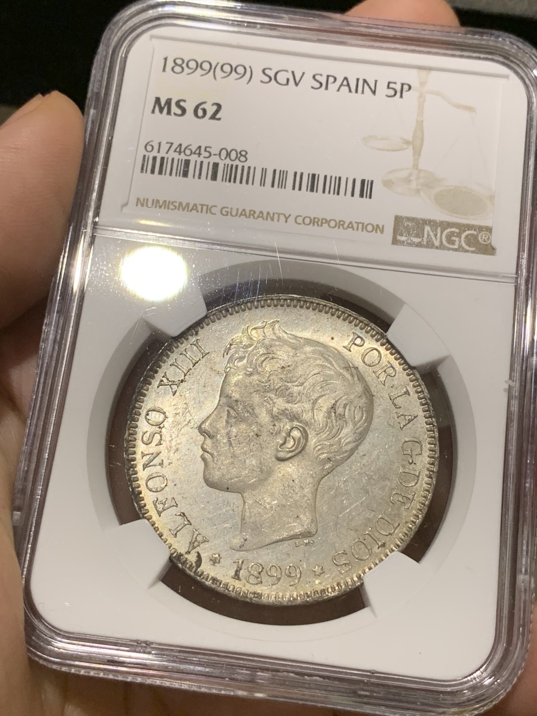 《竞宝斋》西.葡及其殖民地国家专场-第70场（全场不限金额包邮） NGC MS62 西班牙 1899年 小孩头 5比塞塔 银币 铸造纹清晰 状态极佳