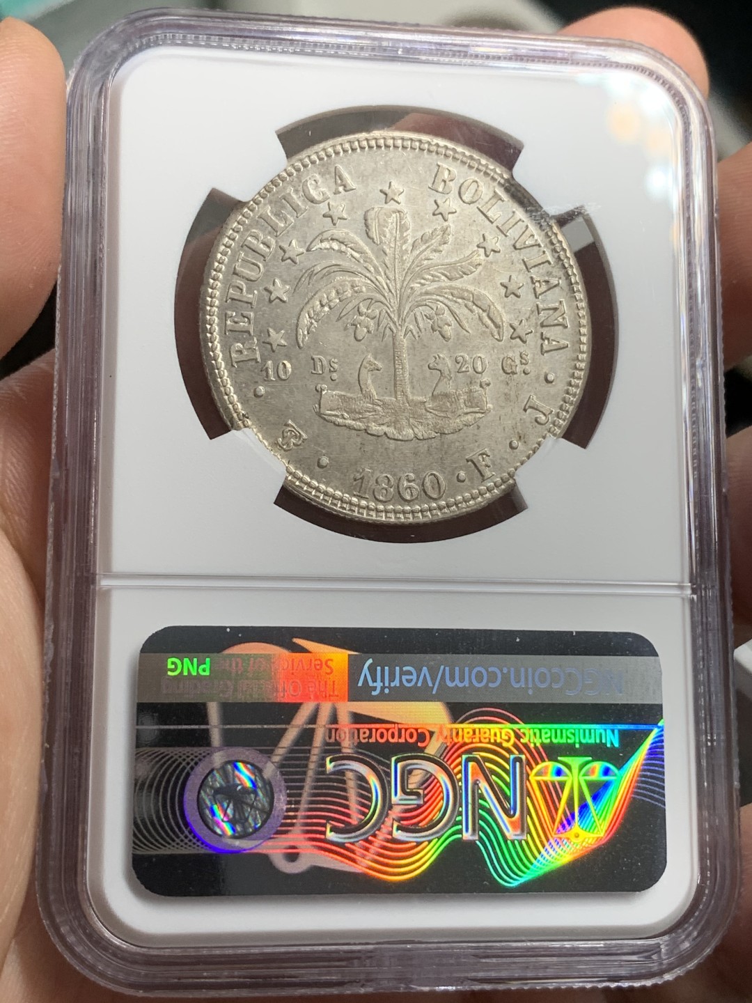 《竞宝斋》西.葡及其殖民地国家专场-第70场（全场不限金额包邮） NGC-AU58  玻利维亚 1860年 8索尔 玻利瓦尔头像银币 原光背面打制的特别好