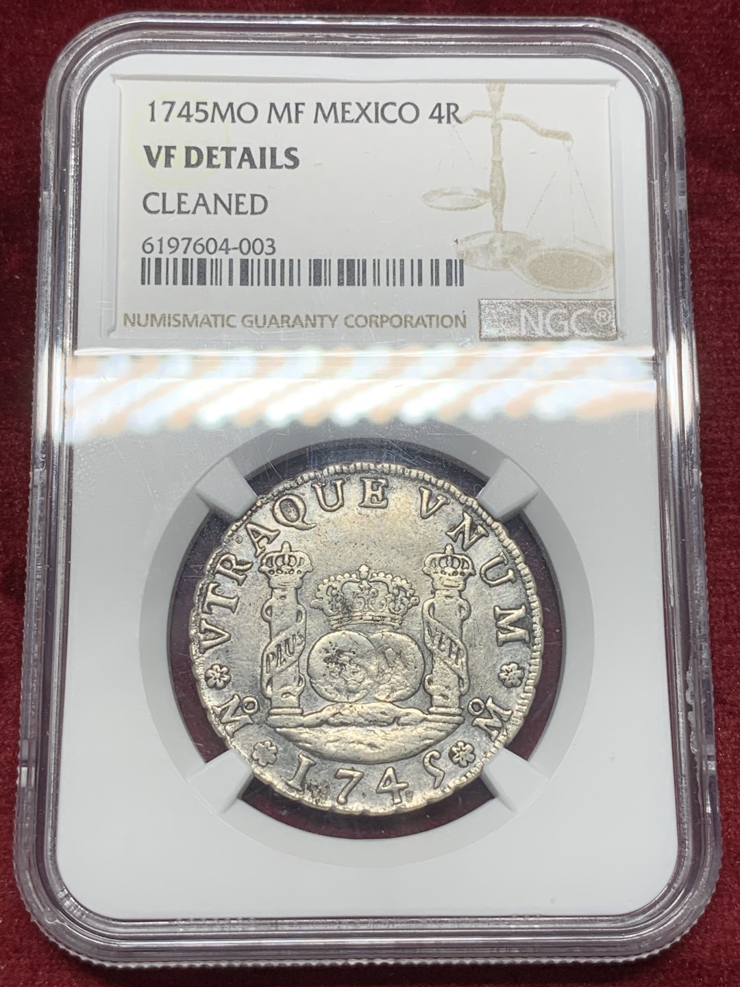 《竞宝斋》西.葡及其殖民地国家专场-第70场（全场不限金额包邮） NGC 评级 墨西哥 1745年 菲利普五世4R 地球双柱银币 细节好给的VF 太低